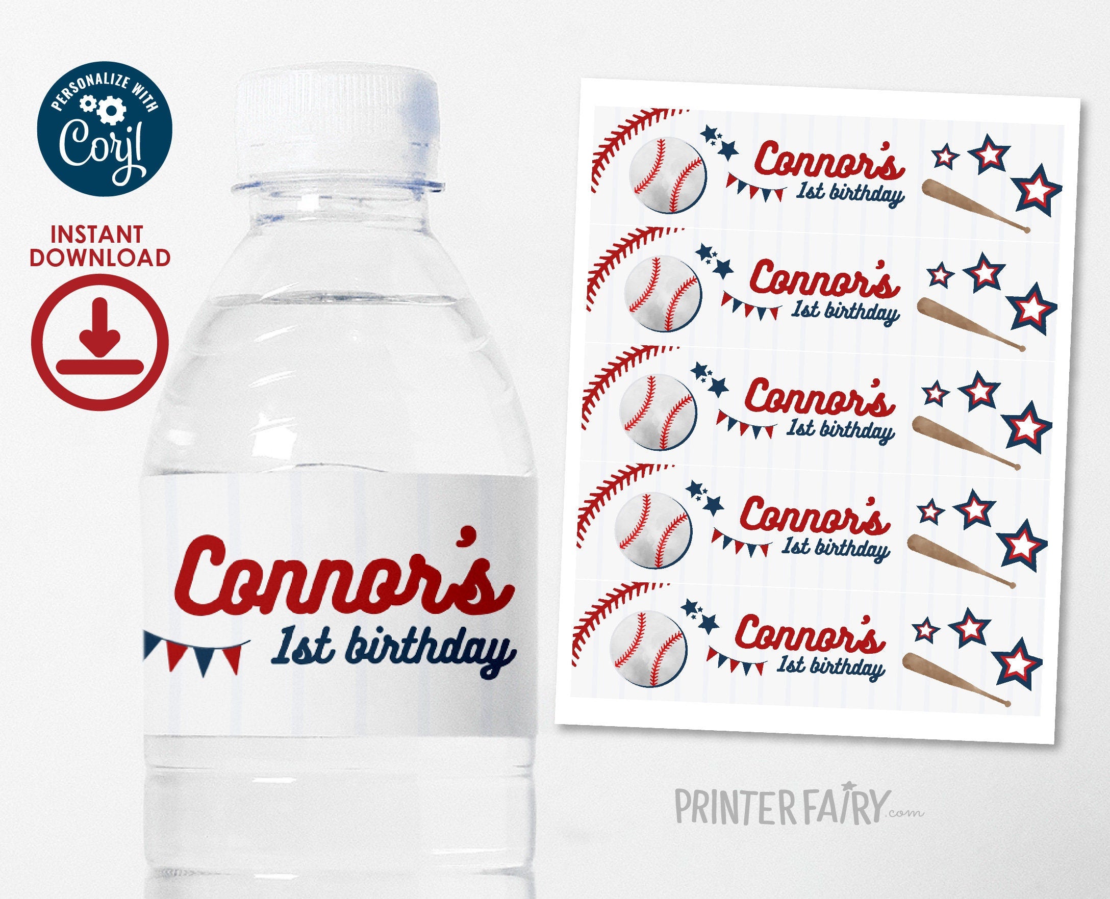 Baseball Birthday Water Bottle Label, Editable Party Printable (Digital Item)