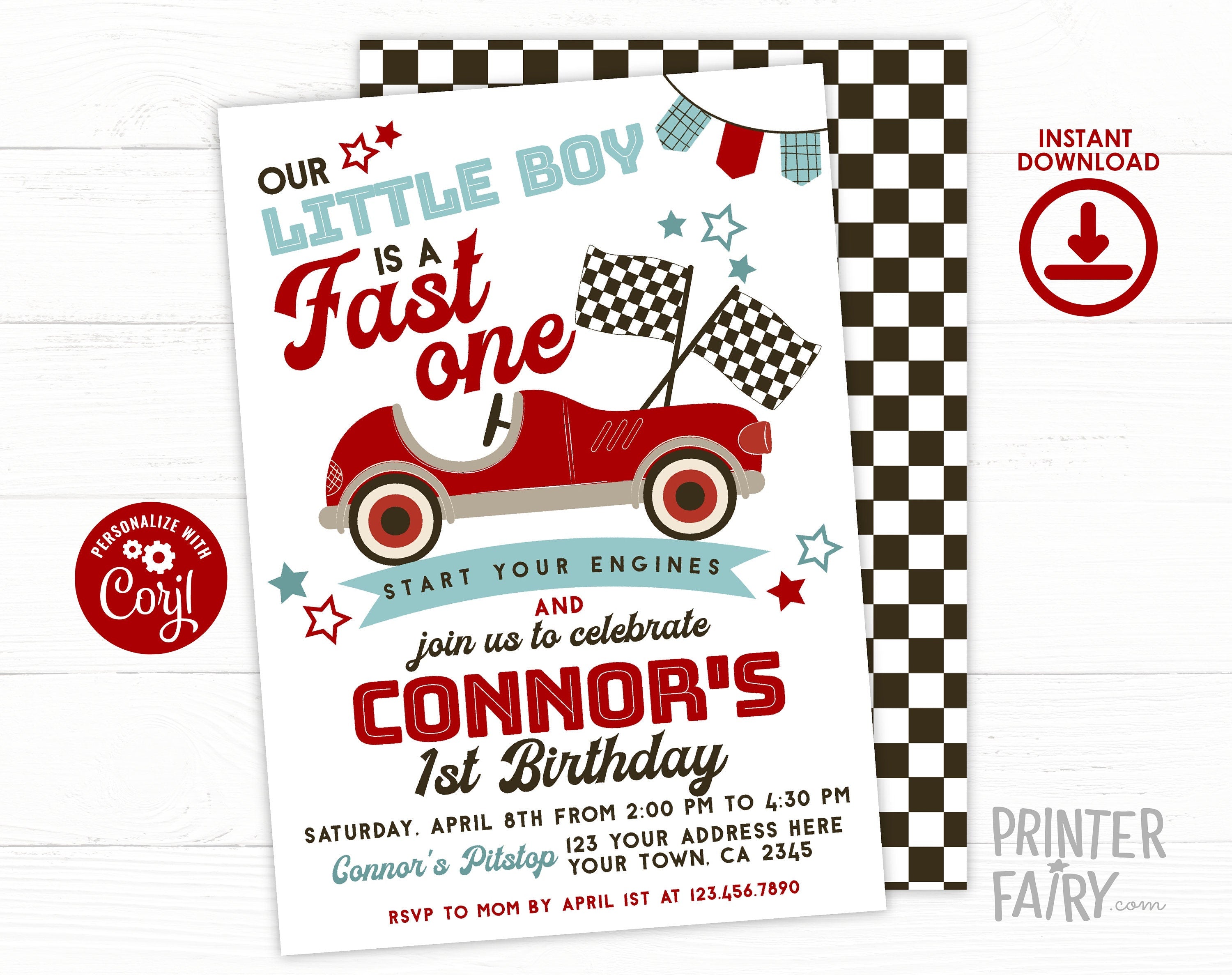 Race Car First Birthday Invitation, Fast One Editable Template (Digital Download)