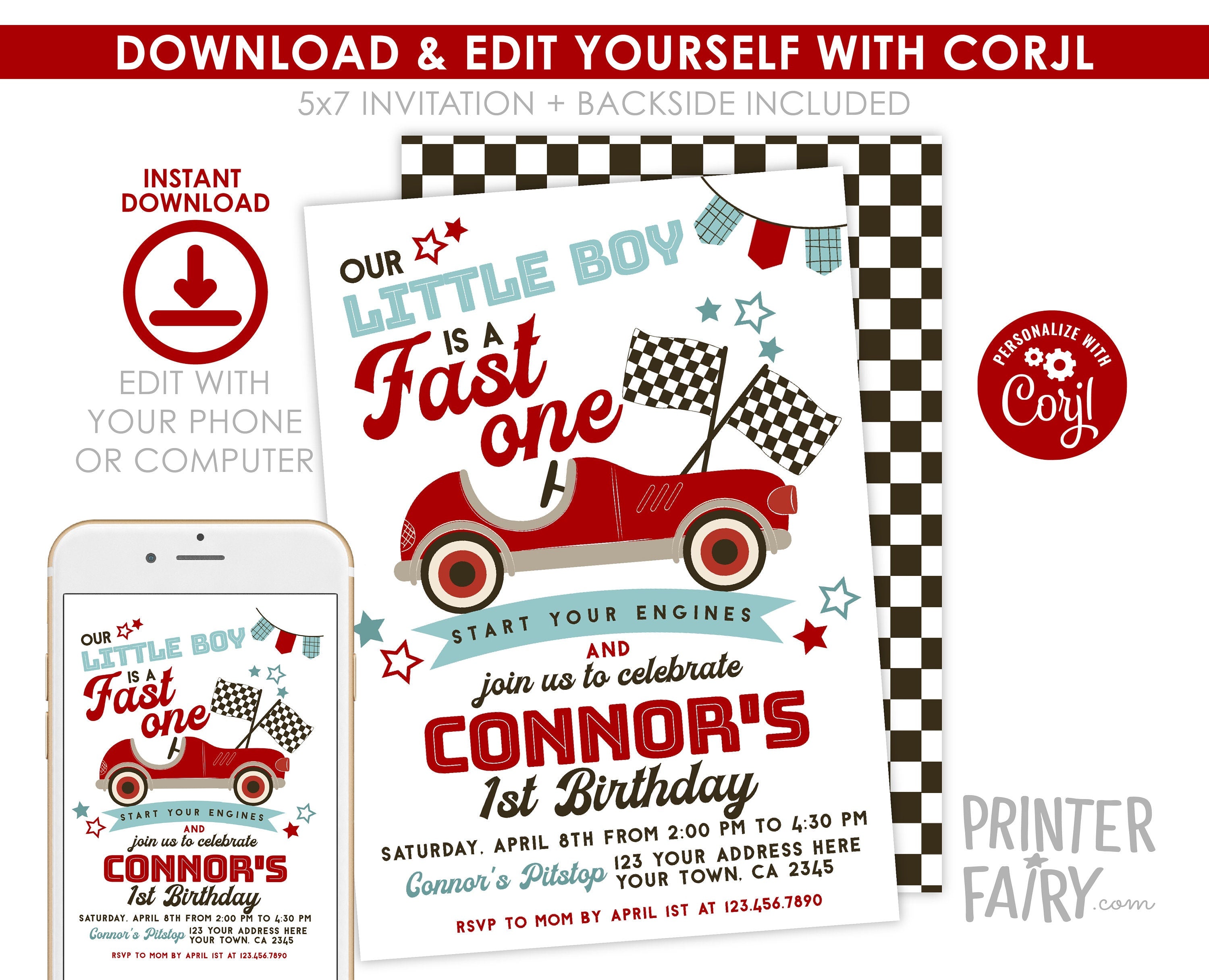 Race Car First Birthday Invitation, Fast One Editable Template (Digital Download)
