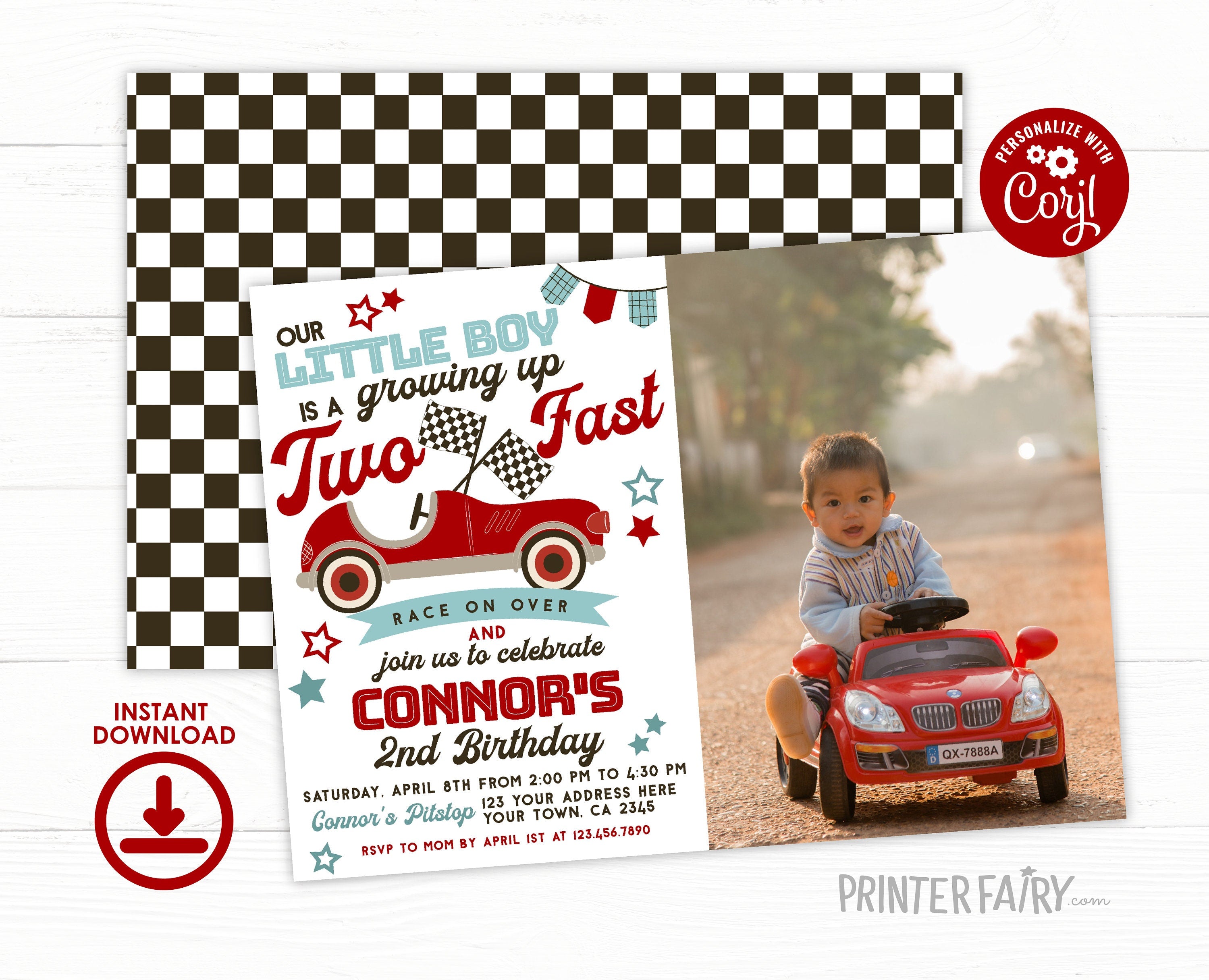 Two Fast Race Car 2nd Birthday Invitation with Photo (Editable Digital Item)