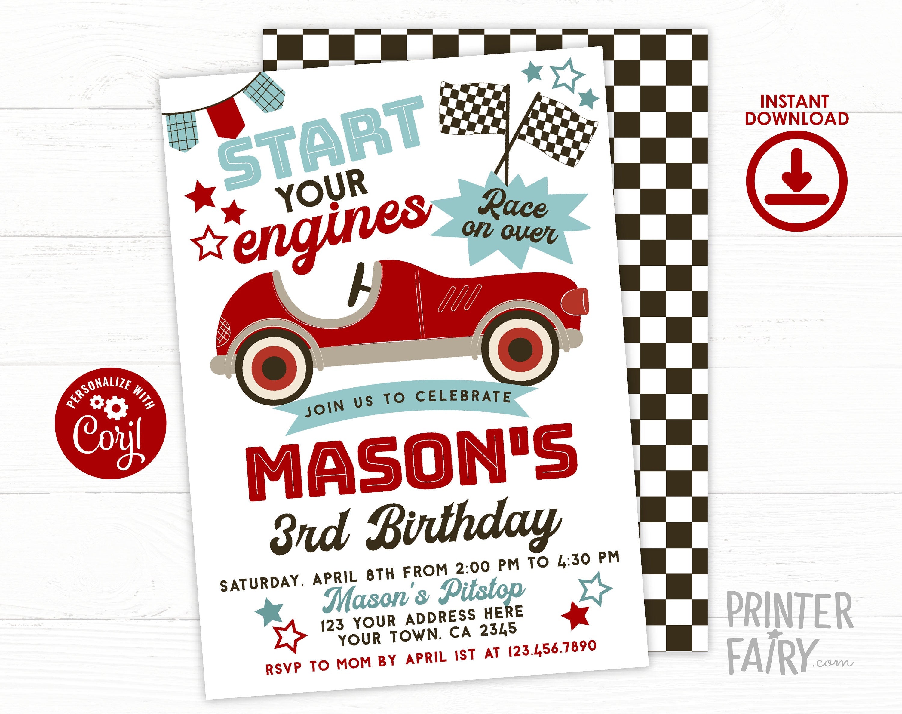 Race Car Birthday Invitation, Editable Racing Party (Digital)