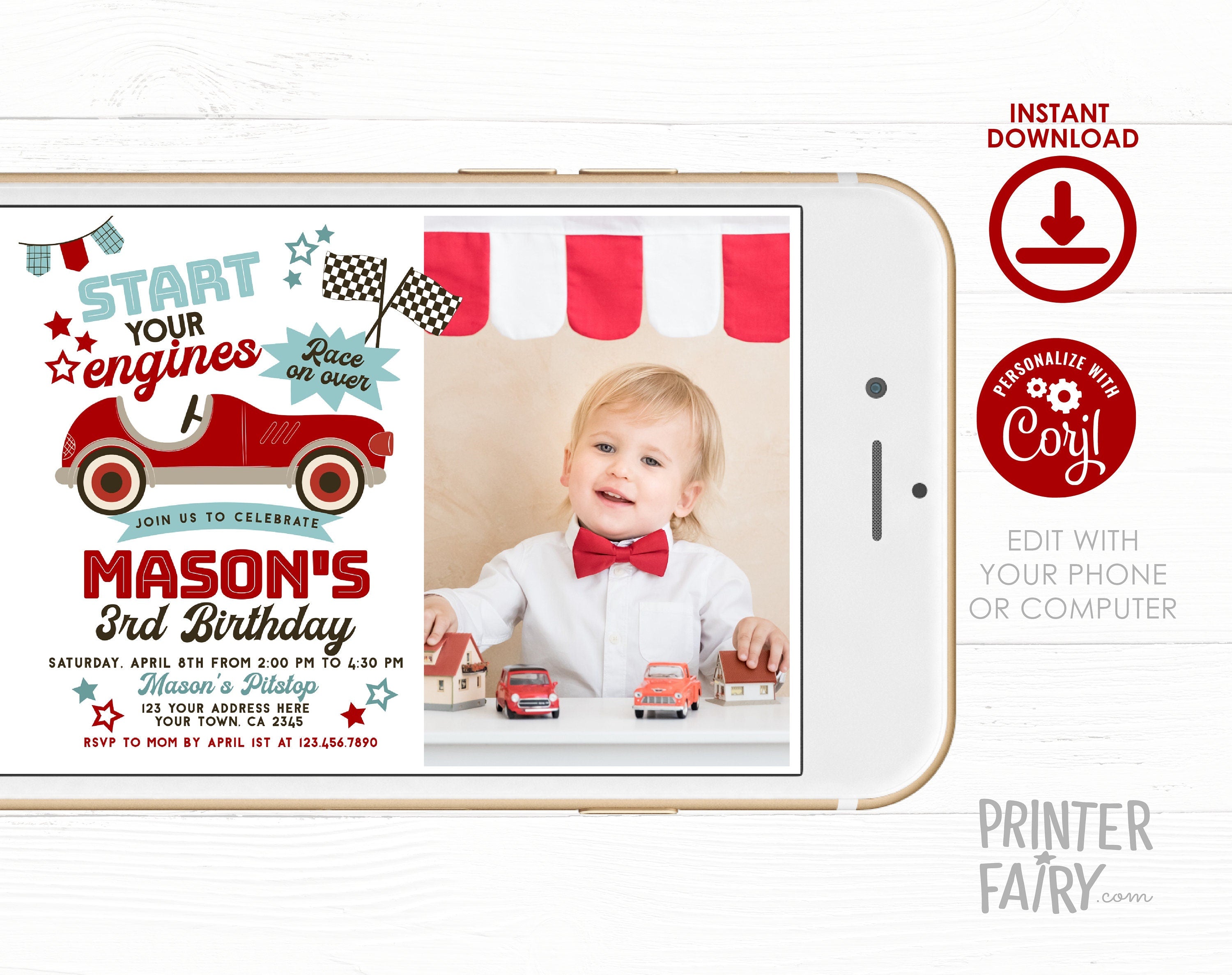 Race Car Birthday Invitation with Photo, Editable Racing Party (Printable)