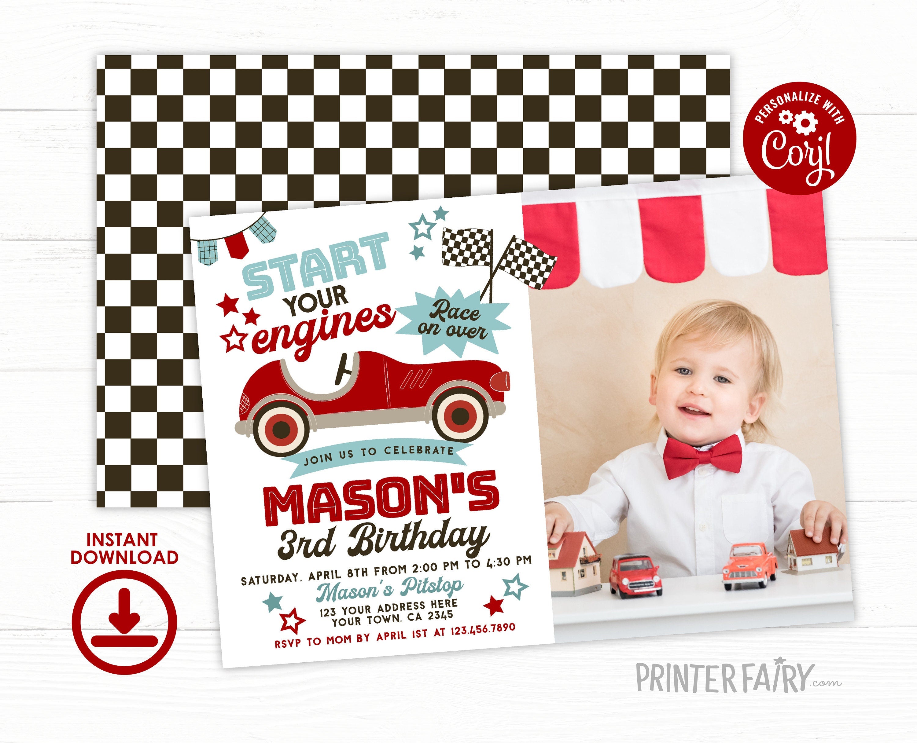 Race Car Birthday Invitation with Photo, Editable Racing Party (Printable)