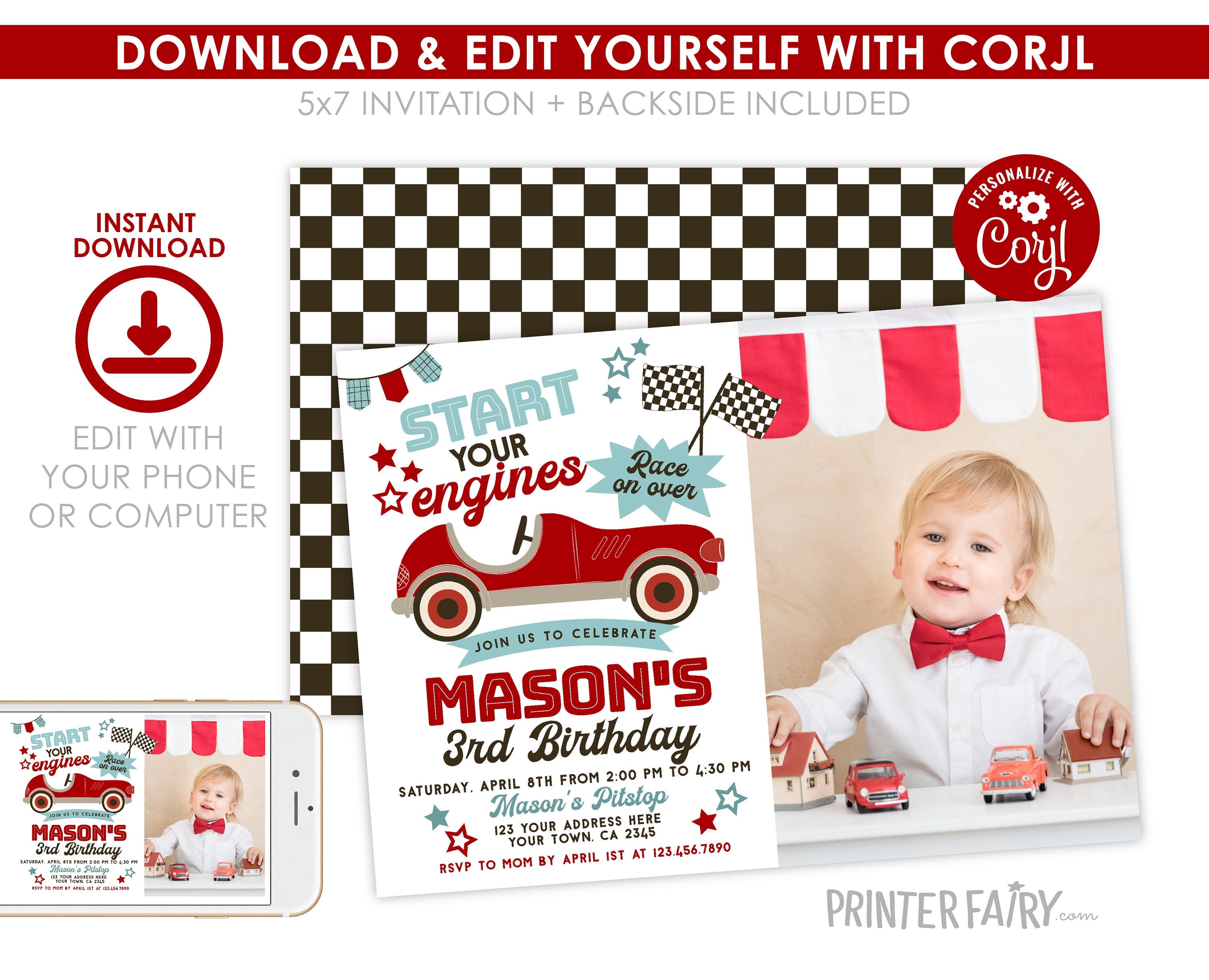 Race Car Birthday Invitation with Photo, Editable Racing Party (Printable)