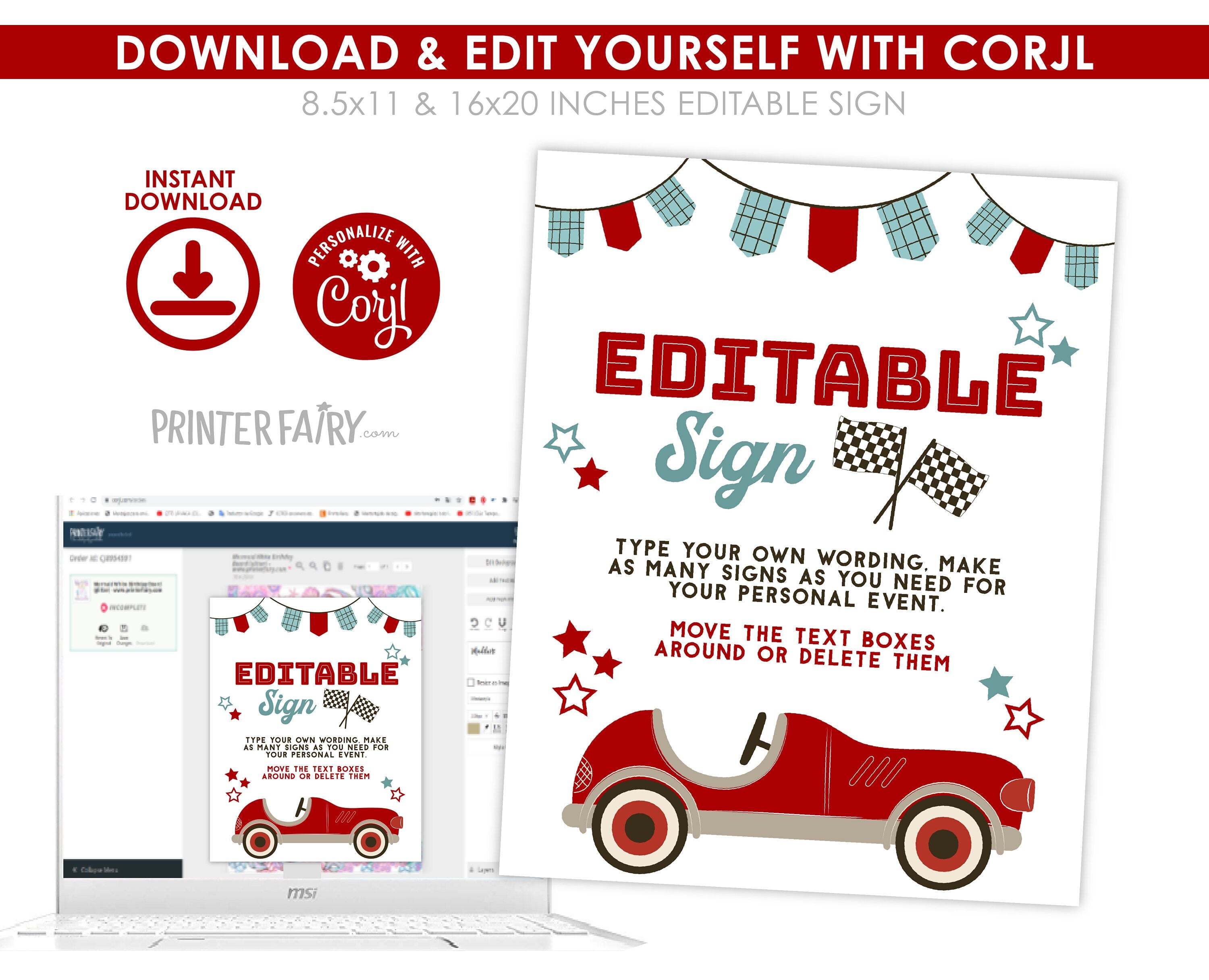 Race Car Birthday Sign, Editable Racing Party Decor (Digital Download)