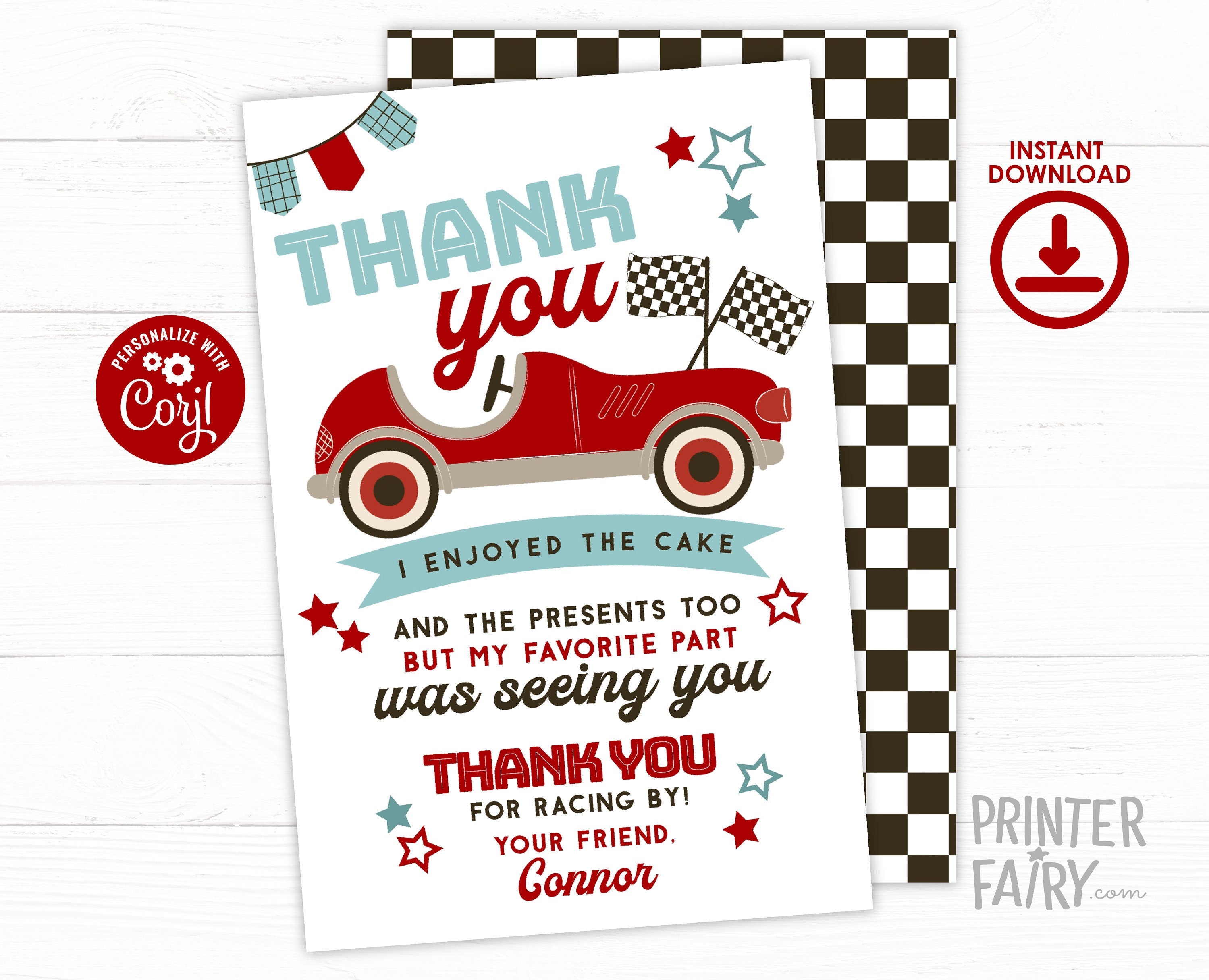 Race Car Birthday Thank You Card, Editable Racing Party (Digital Item)