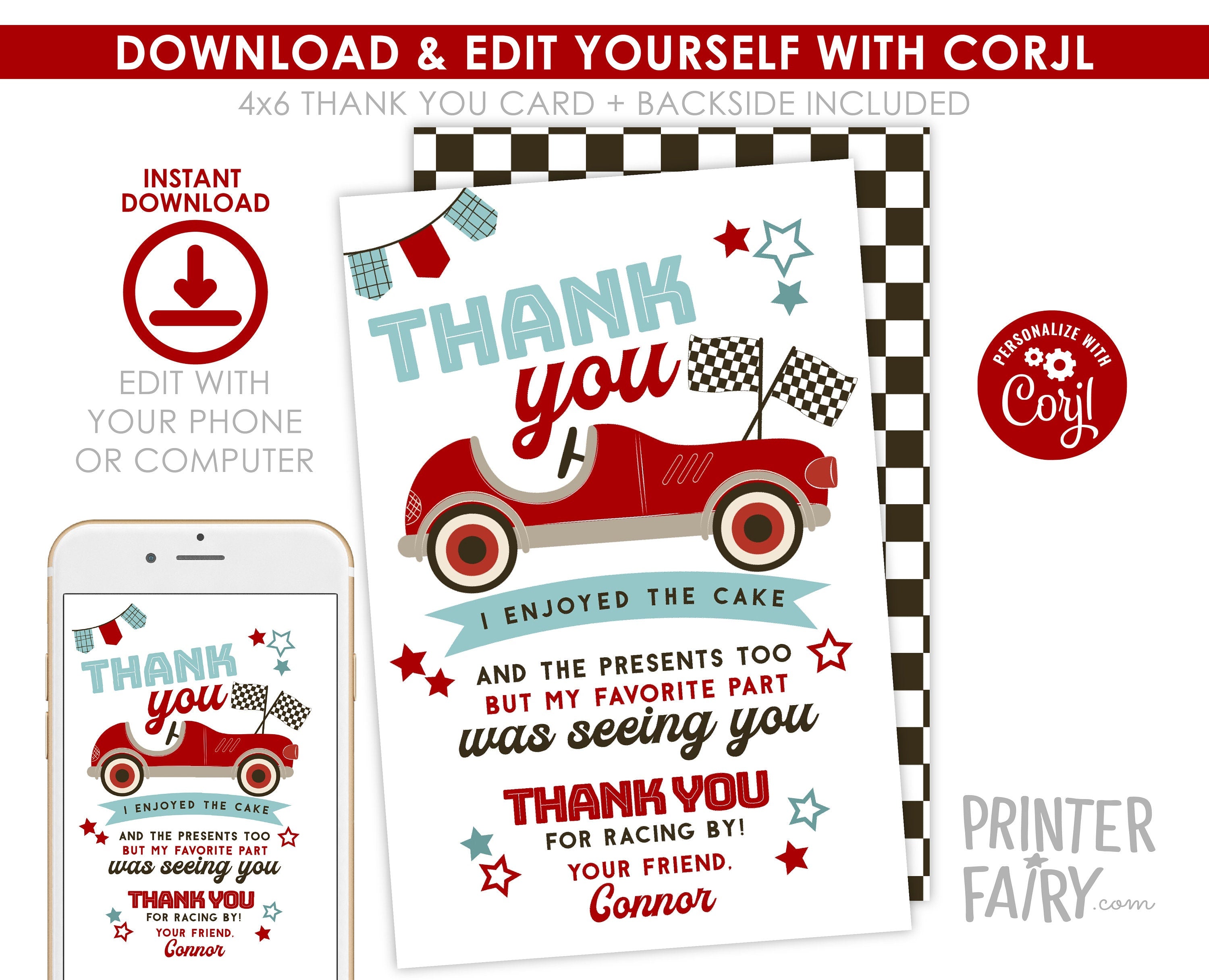 Race Car Birthday Thank You Card, Editable Racing Party (Digital Item)