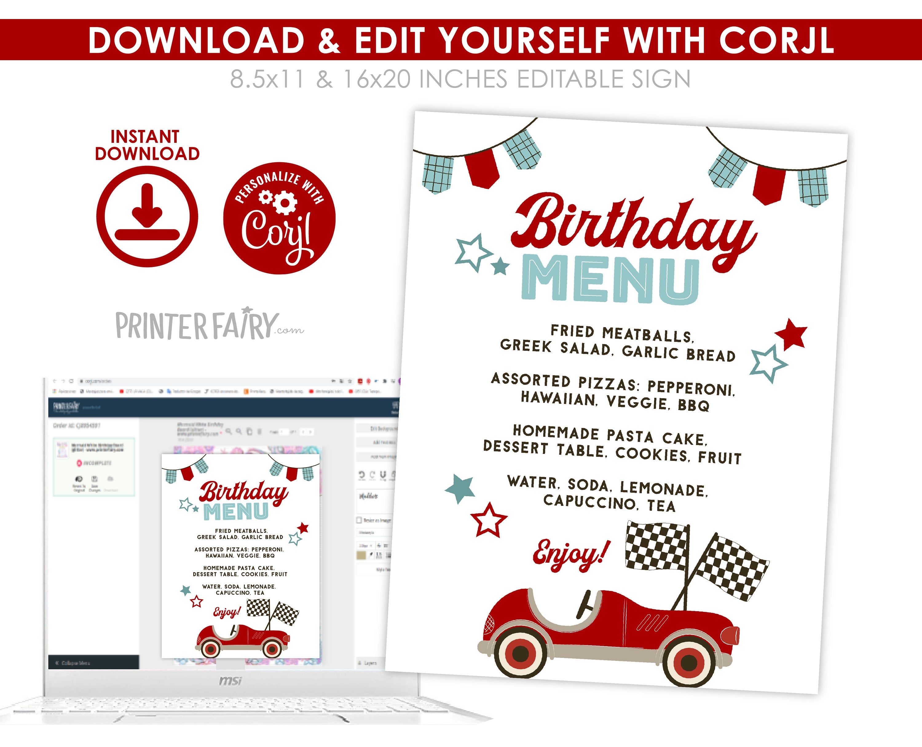Race Car Birthday Party Menu, EDITABLE dinner sign, Racing Car Party, Racing Party Decorations, Racing Car Birthday Party, Printable Menu
