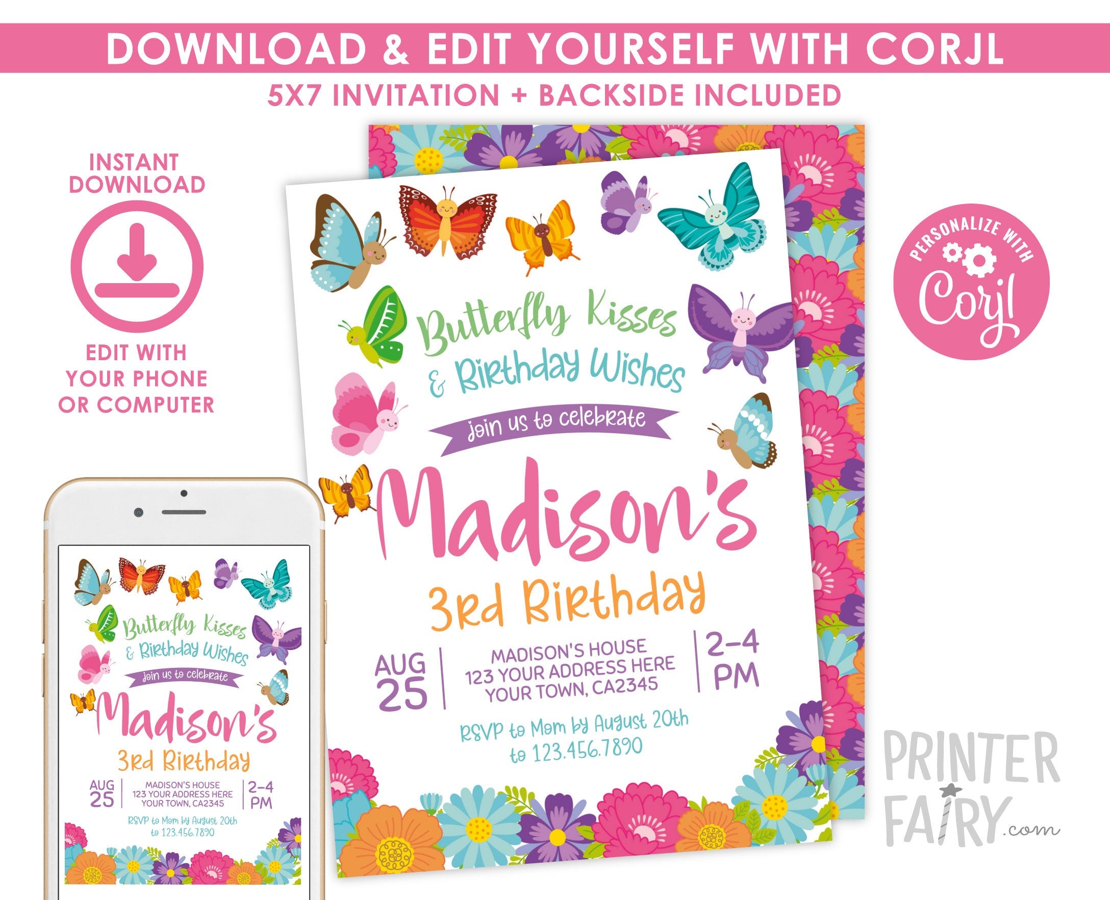 Butterfly Birthday Invitation, Editable Garden Party Invite (Instant Download)