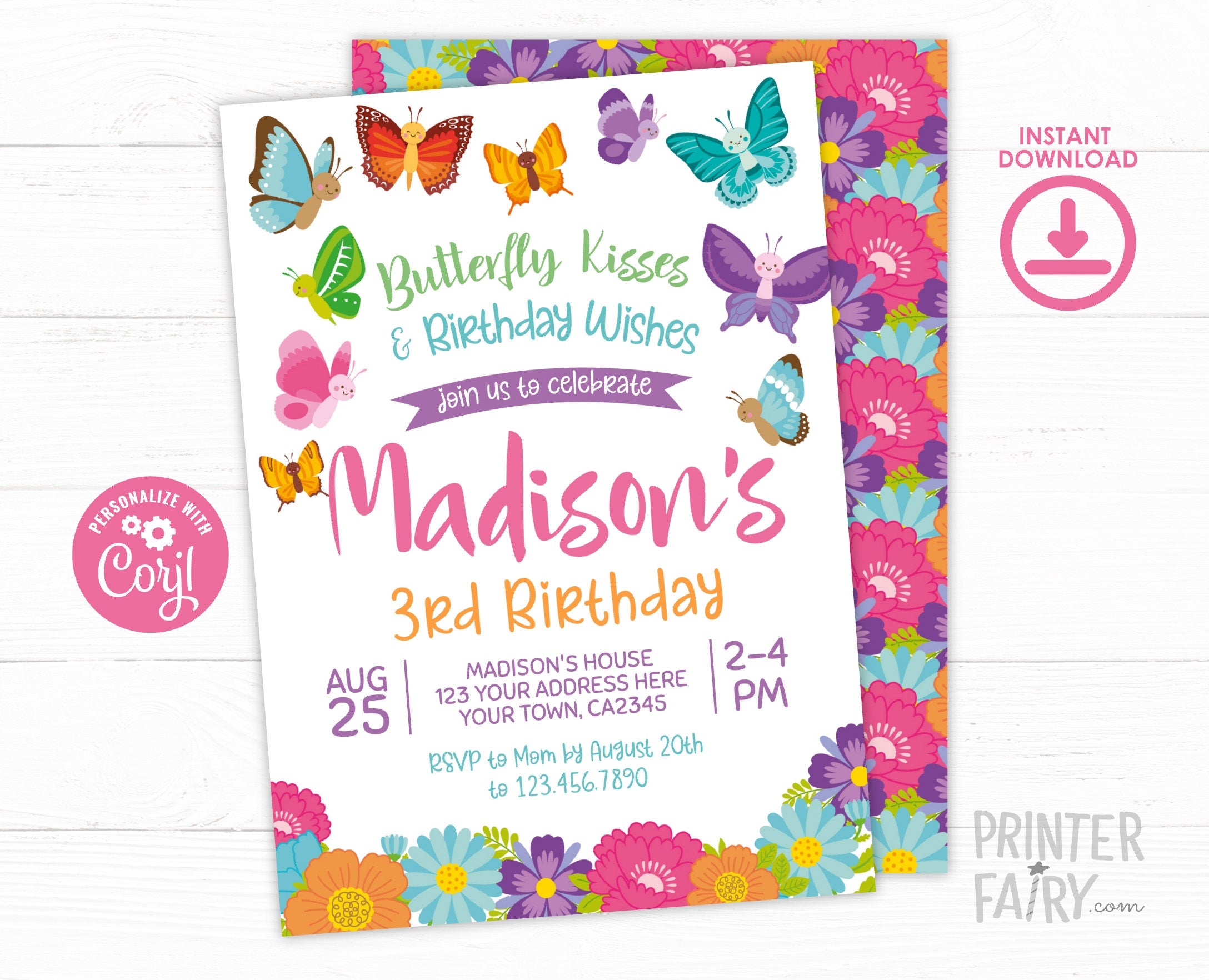 Butterfly Birthday Invitation, Editable Garden Party Invite (Instant Download)