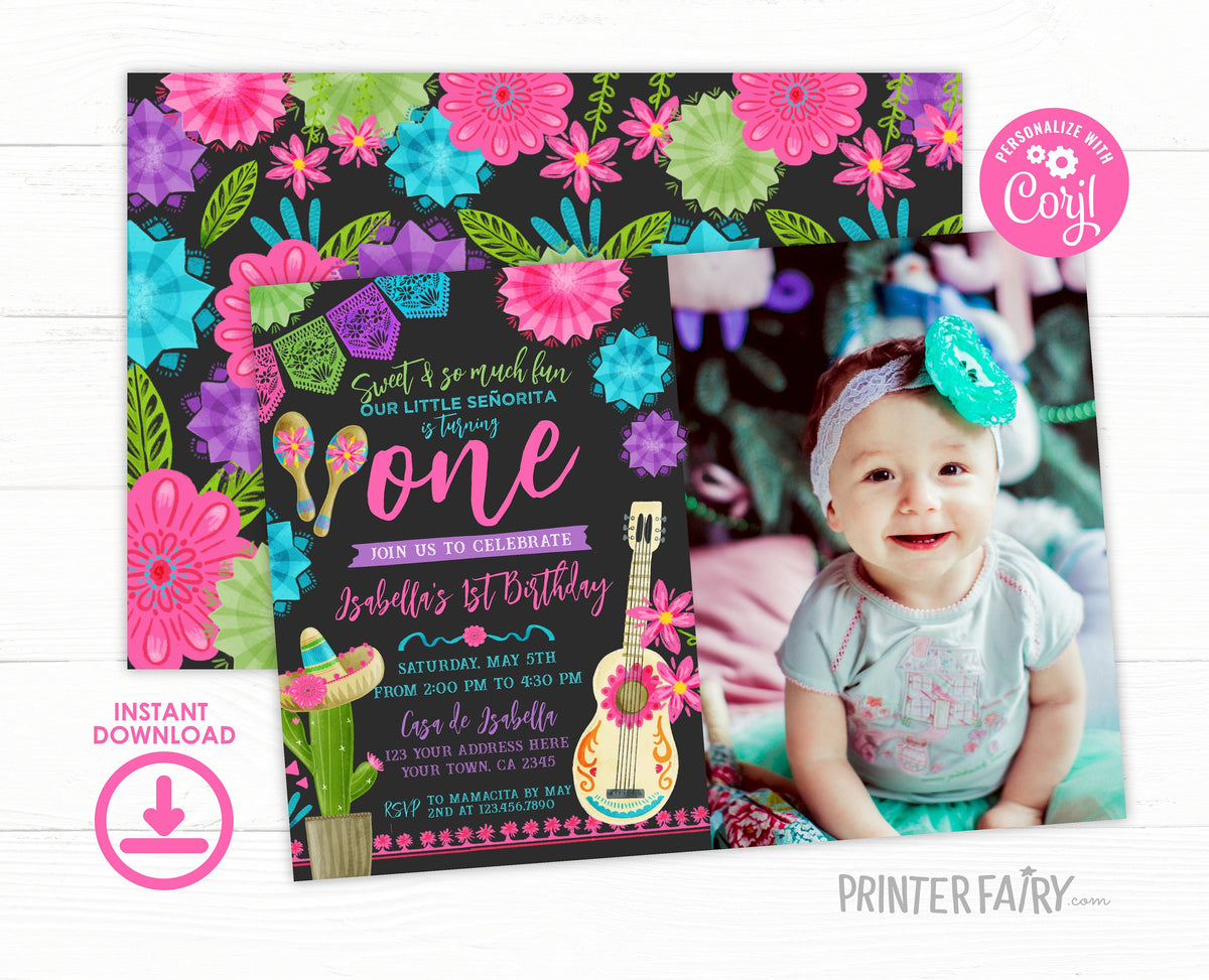 Fiesta First Birthday Invitation with Photo, Editable Cinco de Mayo (Digital Item)