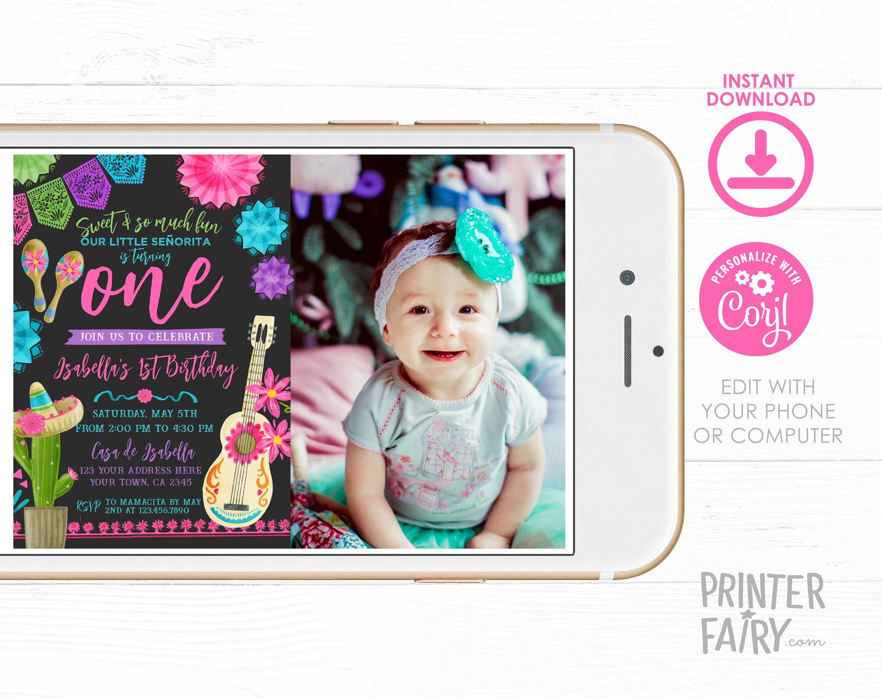 Fiesta First Birthday Invitation with Photo, Editable Cinco de Mayo (Digital Item)