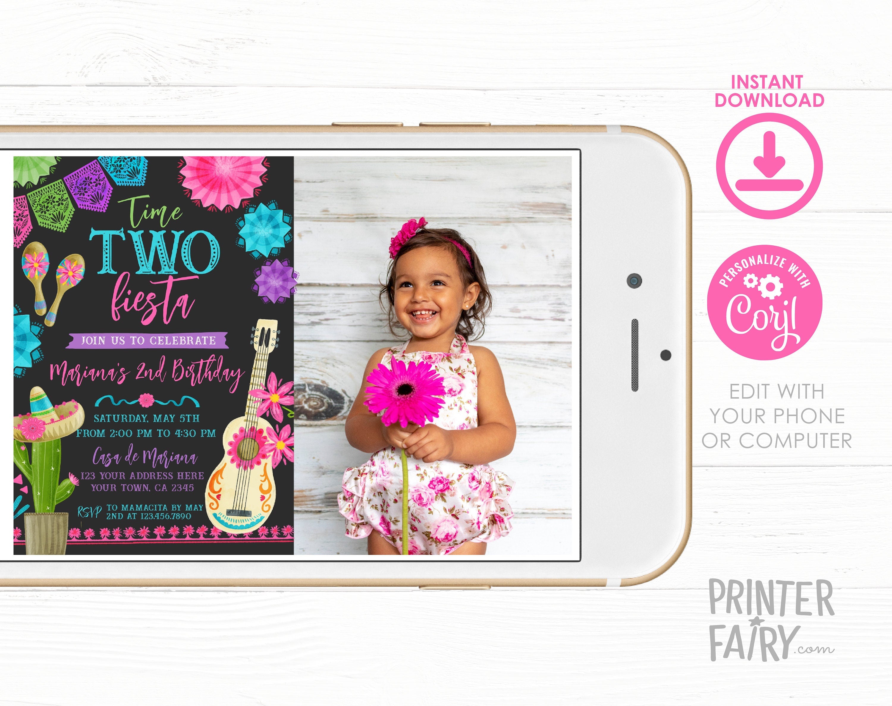 Fiesta Second Birthday Invitation with Photo, Editable Mexican Theme (Digital Download)