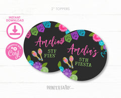 Editable Fiesta Birthday Party Toppers, Mexican Round Stickers (Digital Item)