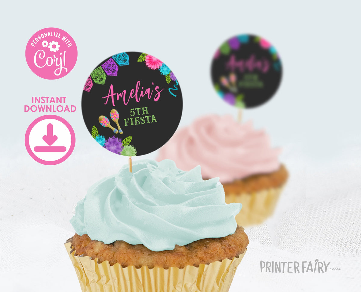 Editable Fiesta Birthday Party Toppers, Mexican Round Stickers (Digital Item)