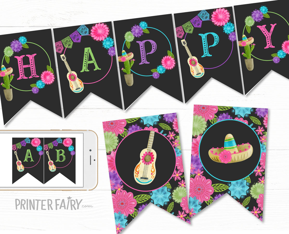 Editable Fiesta Birthday Banner, Mexican Theme (Digital Download)