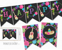 Editable Fiesta Birthday Banner, Mexican Theme (Digital Download)