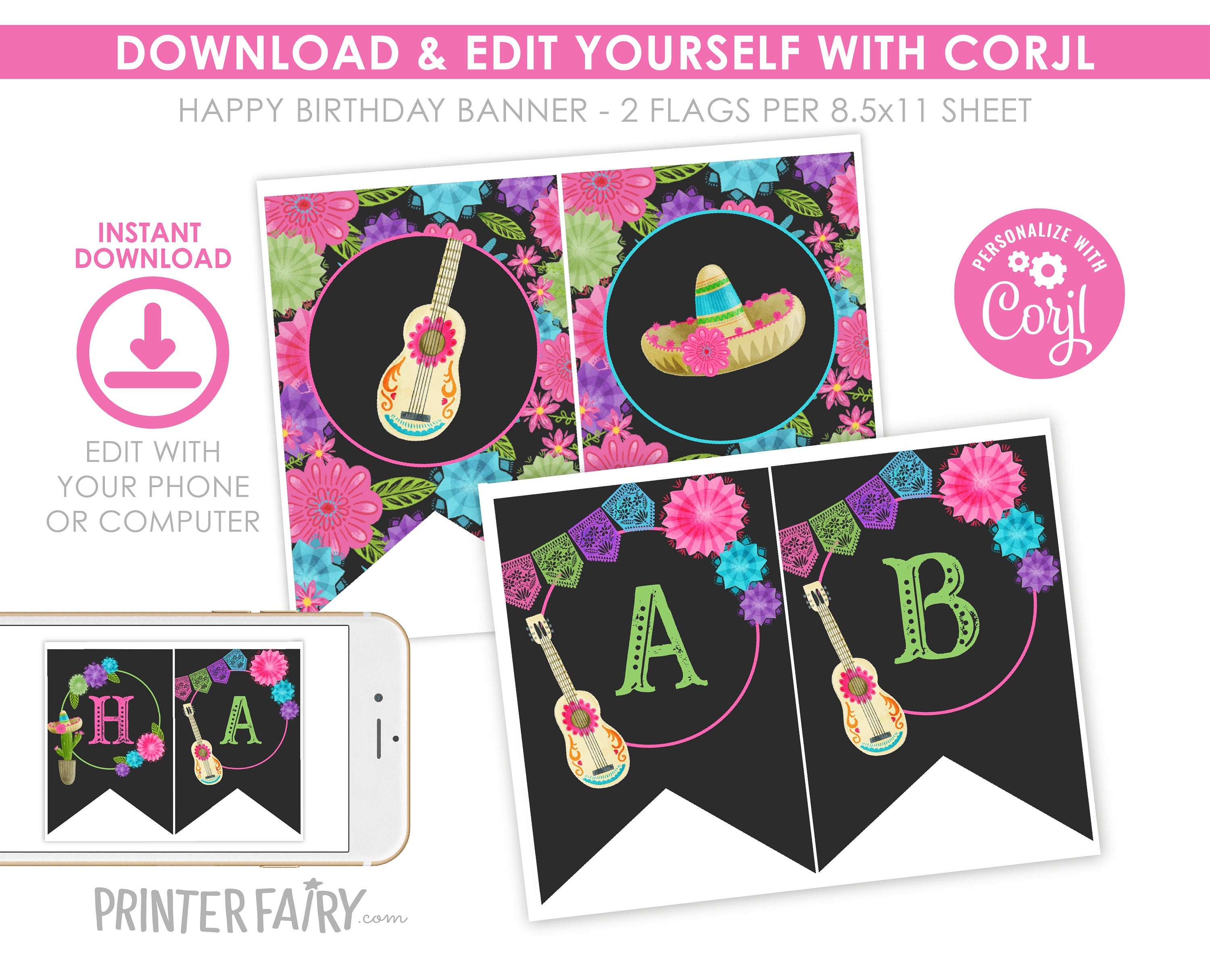 Editable Fiesta Birthday Banner, Mexican Theme (Digital Download)