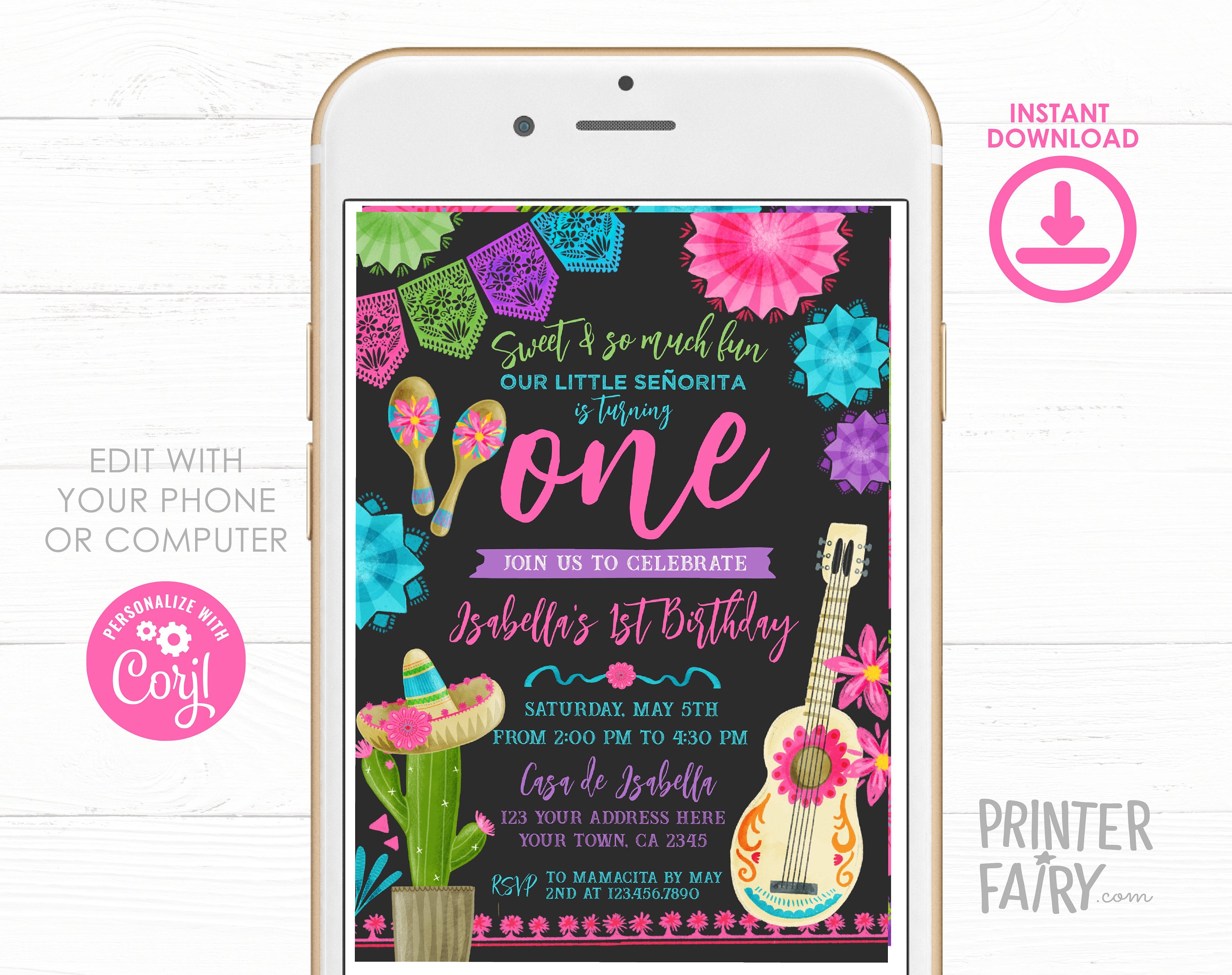 Mexican Fiesta First Birthday Party Invitation Editable Template INSTANT DOWNLOAD