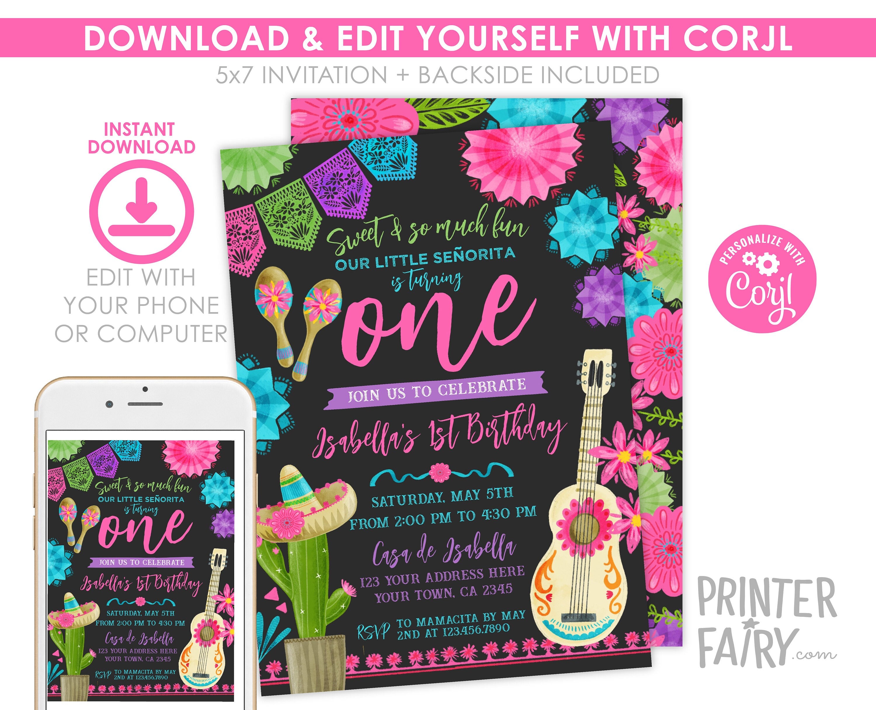 Mexican Fiesta First Birthday Party Invitation Editable Template INSTANT DOWNLOAD
