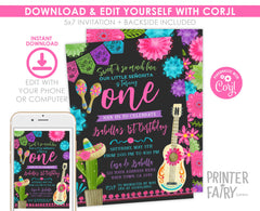 Mexican Fiesta First Birthday Party Invitation Editable Template INSTANT DOWNLOAD