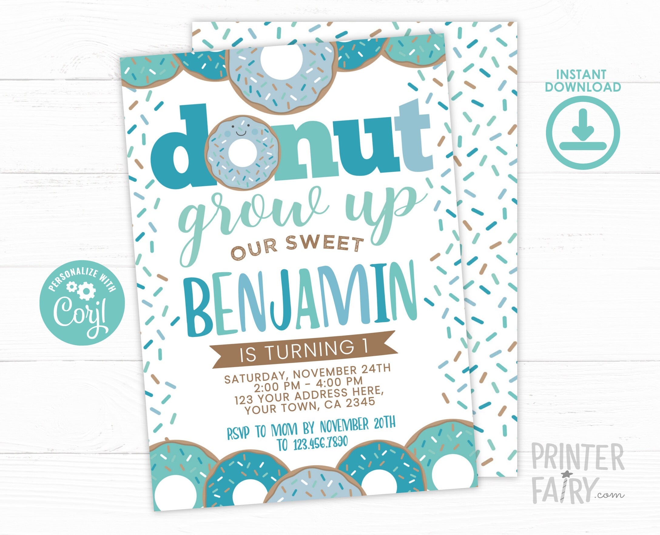 Donut Grow Up First Birthday Invitation, Boy Party (INSTANT DOWNLOAD)