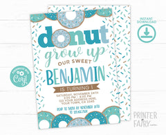 Donut Grow Up First Birthday Invitation, Boy Party (INSTANT DOWNLOAD)