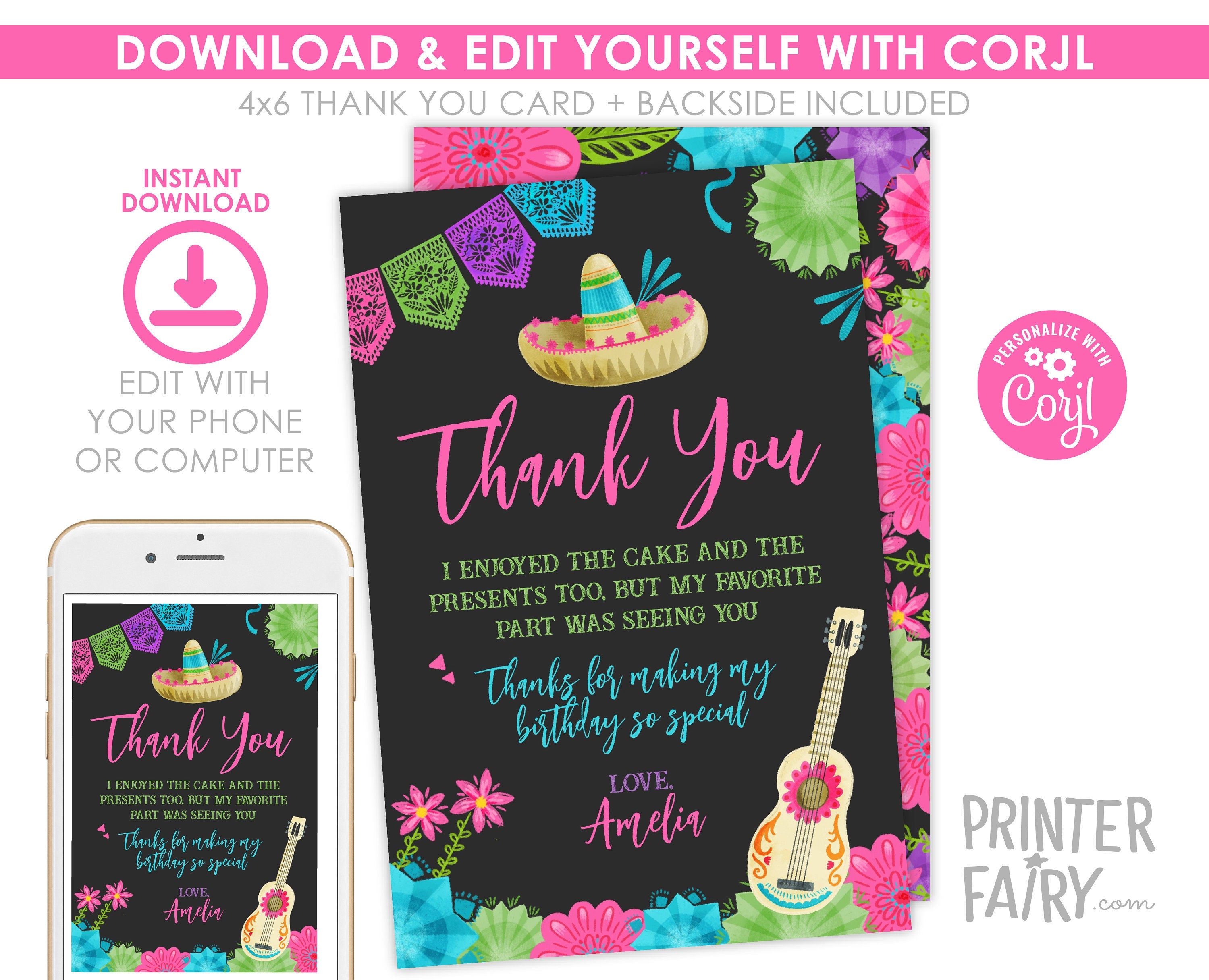 Editable Fiesta Birthday Thank You Card (Digital Download)