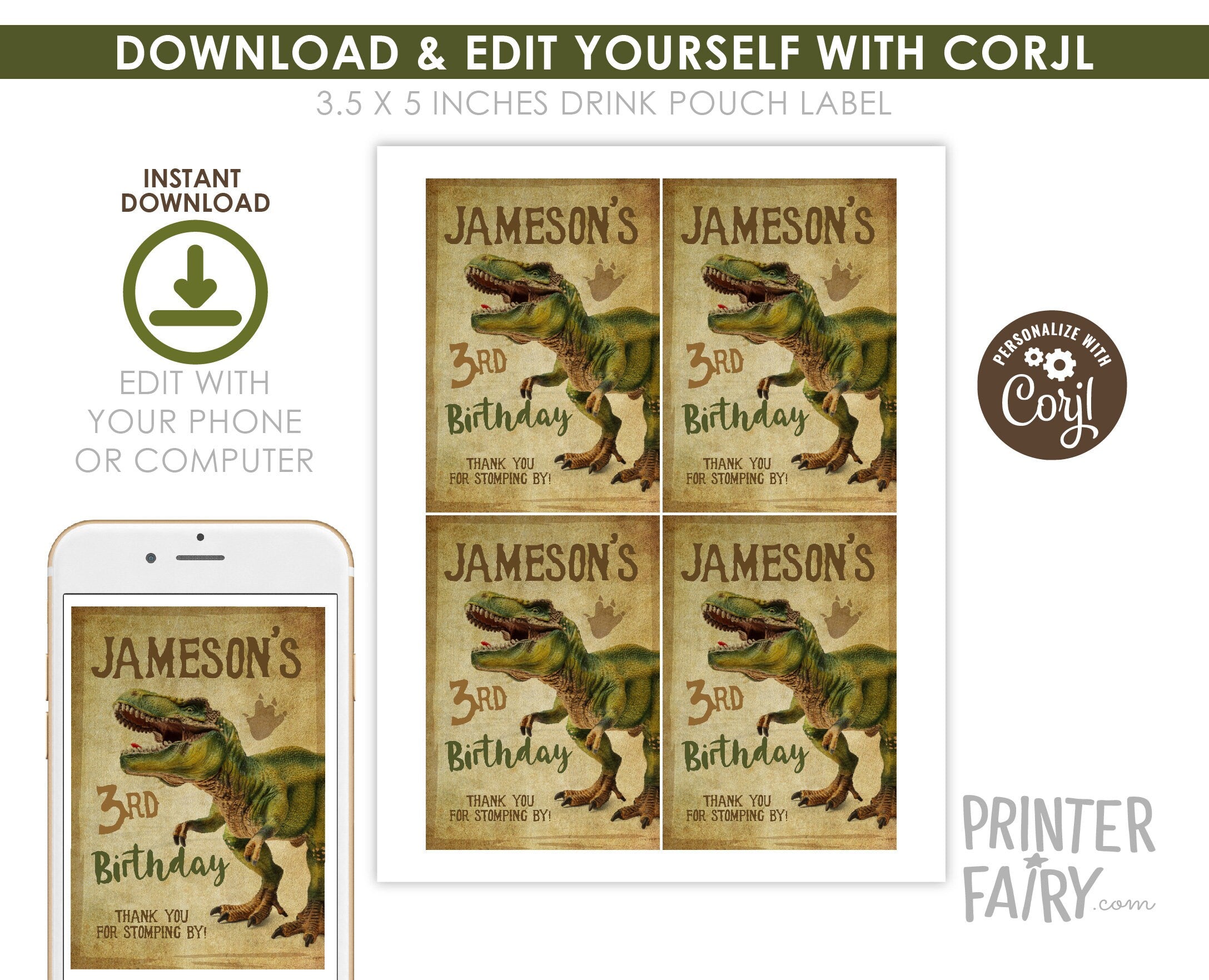 Dinosaur Birthday Party Drink Pouch Label, T-rex Design (EDITABLE, INSTANT DOWNLOAD)