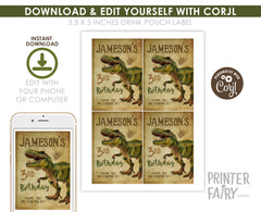 Dinosaur Birthday Party Drink Pouch Label, T-rex Design (EDITABLE, INSTANT DOWNLOAD)