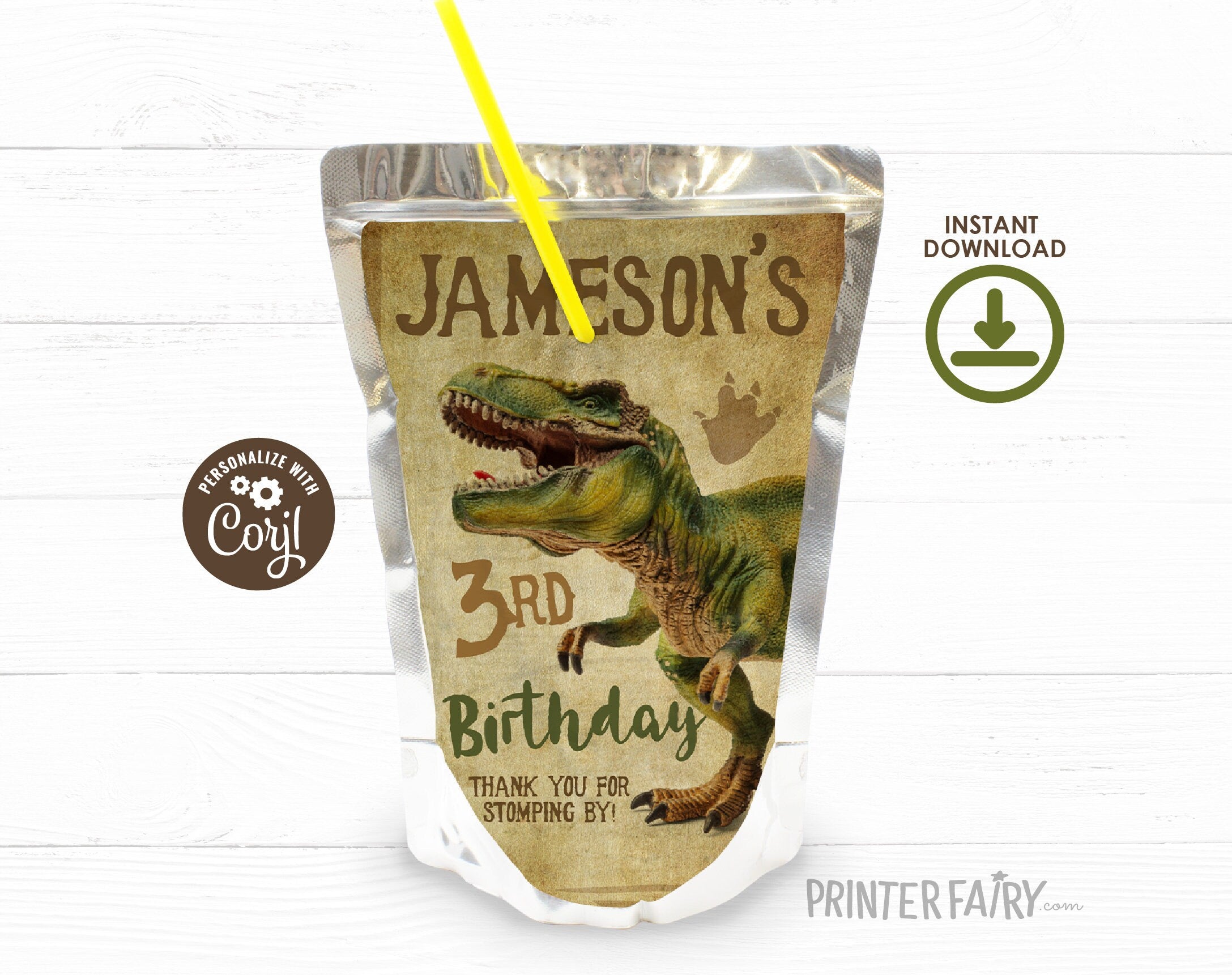 Dinosaur Birthday Party Drink Pouch Label, T-rex Design (EDITABLE, INSTANT DOWNLOAD)