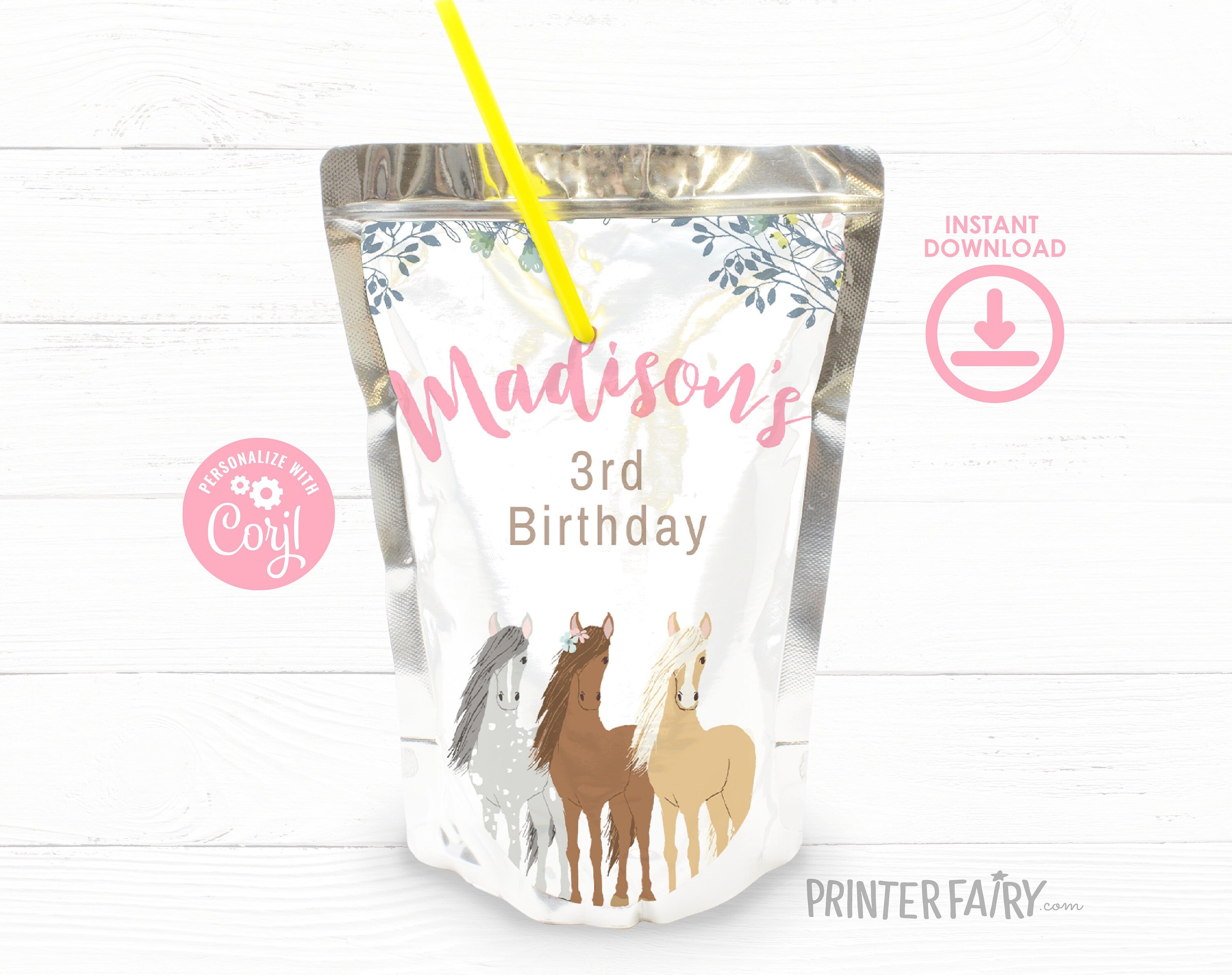 Floral Horse Drink Pouch Label, Editable Western Birthday Party (Digital Download)