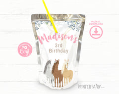 Floral Horse Drink Pouch Label, Editable Western Birthday Party (Digital Download)