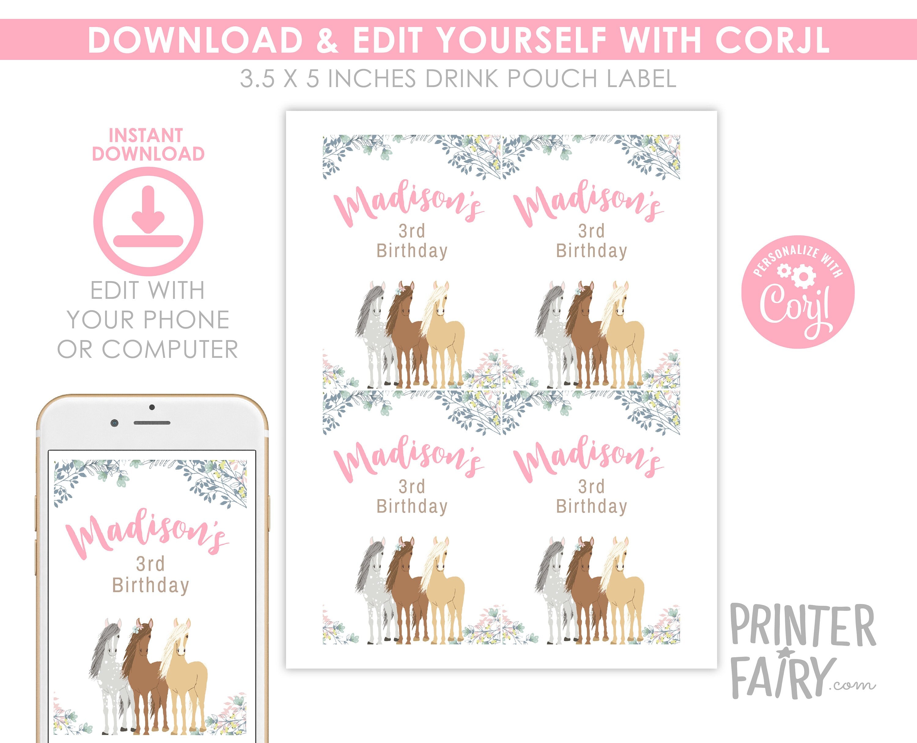 Floral Horse Drink Pouch Label, Editable Western Birthday Party (Digital Download)