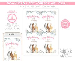 Floral Horse Drink Pouch Label, Editable Western Birthday Party (Digital Download)