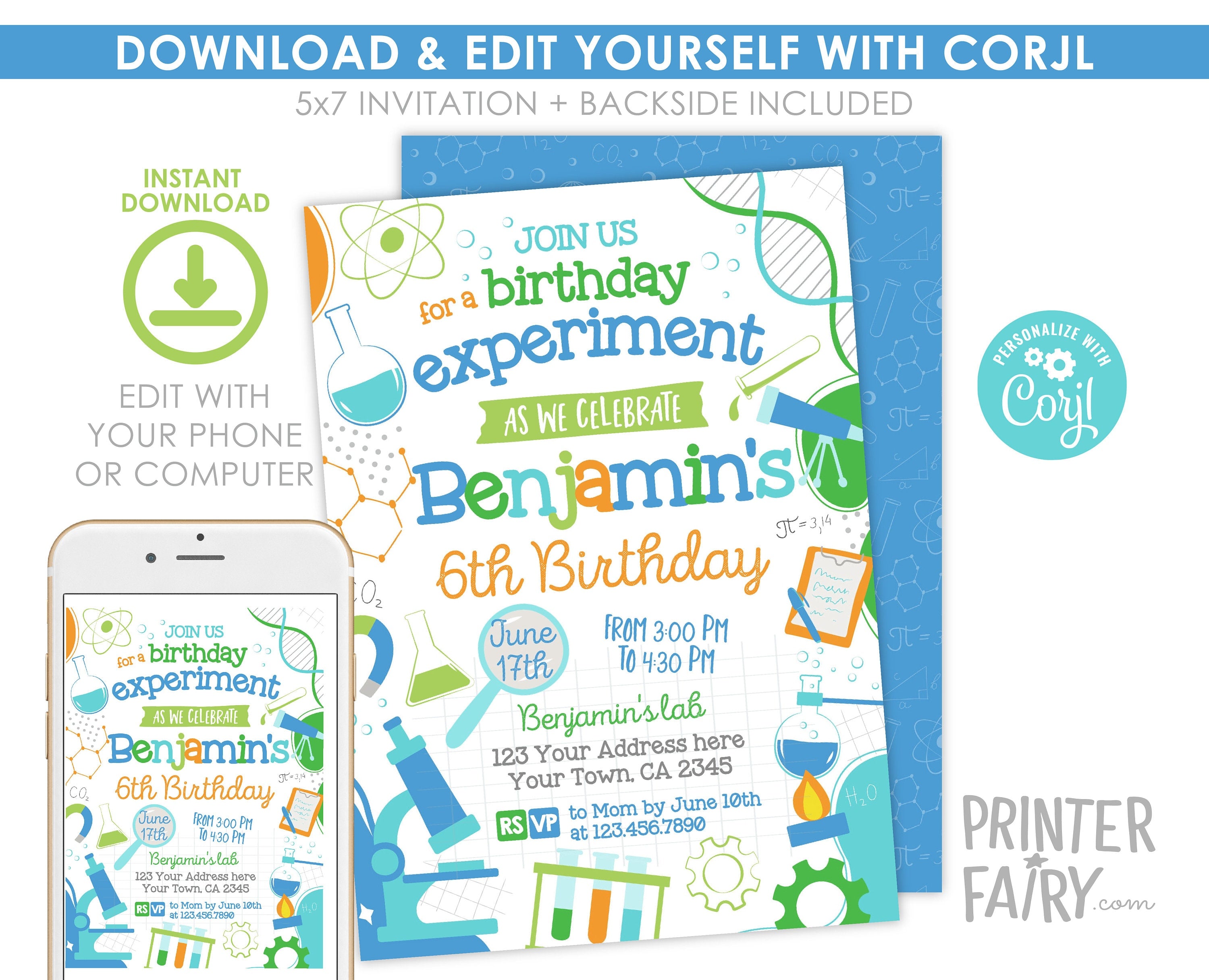 Science Birthday Invitation, Editable Lab Party Invite (Digital Download)