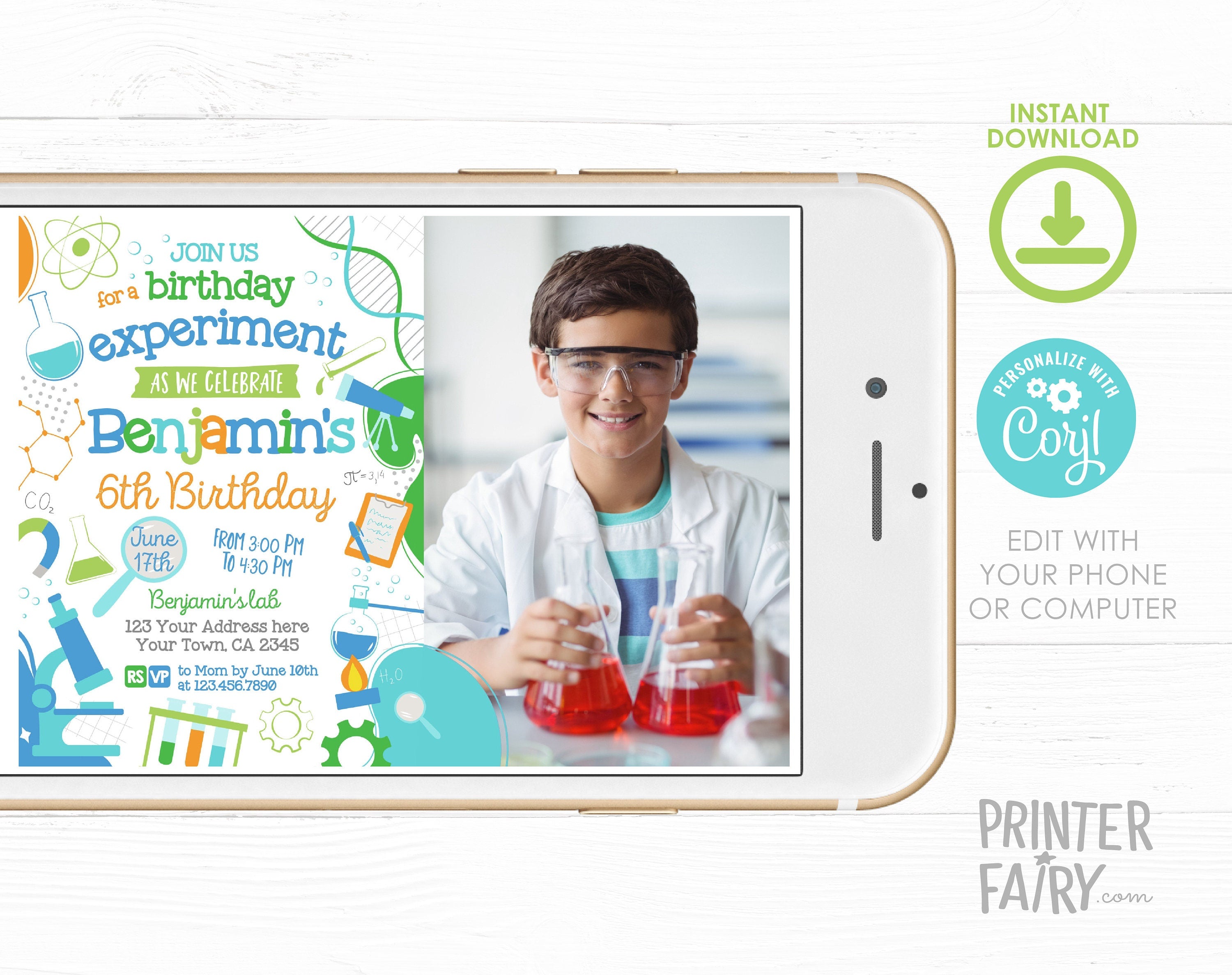 Editable Science Birthday Party Photo Invitation (Digital Item)