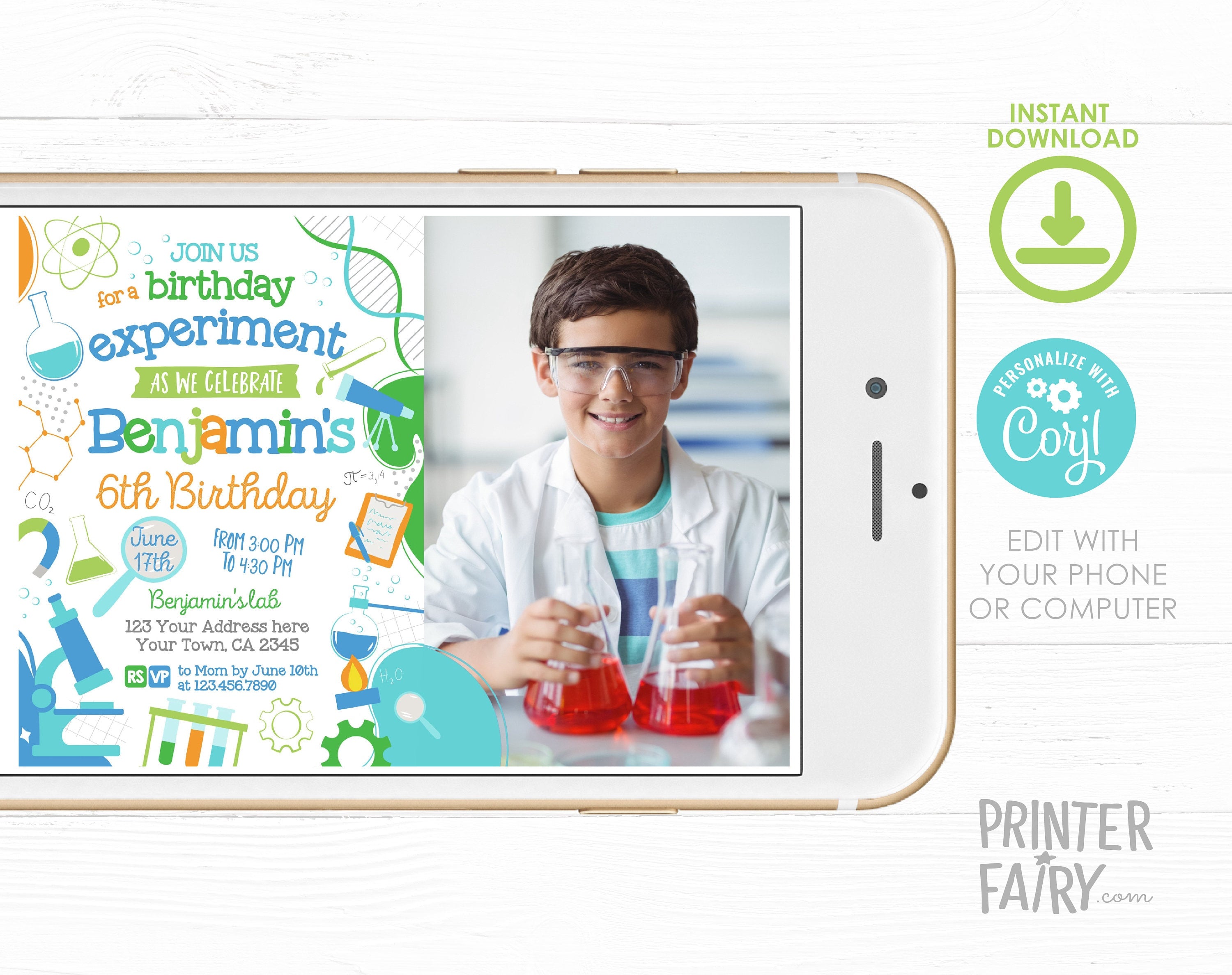 Editable Science Birthday Party Photo Invitation (Digital Item)