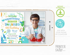 Editable Science Birthday Party Photo Invitation (Digital Item)