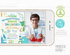 Editable Science Birthday Party Photo Invitation (Digital Item)