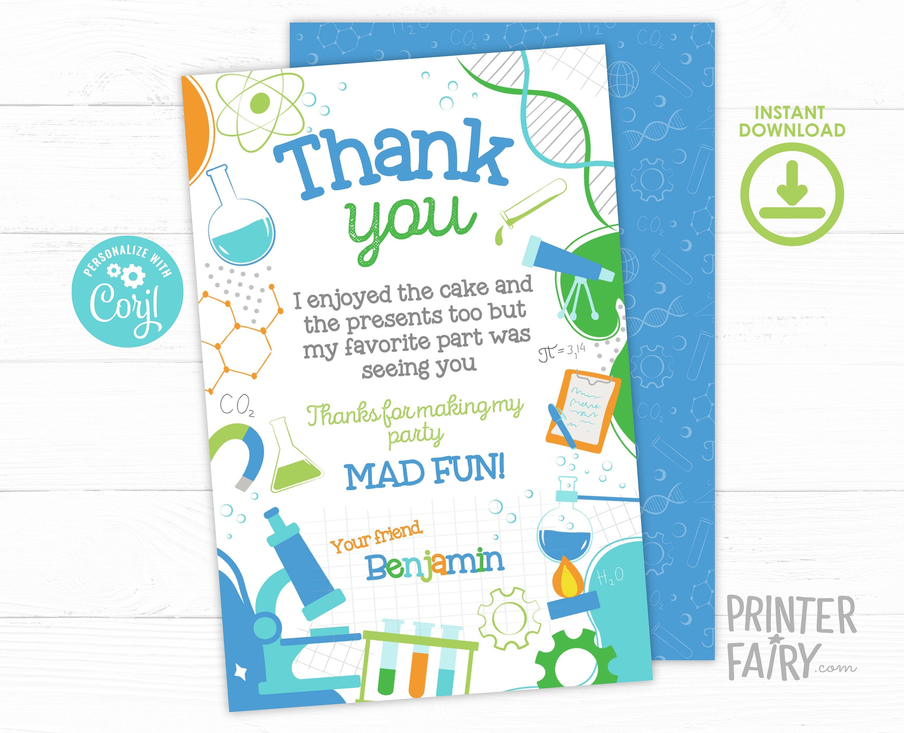 Science Birthday Thank You Card, Editable Printable