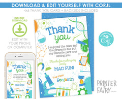 Science Birthday Thank You Card, Editable Printable