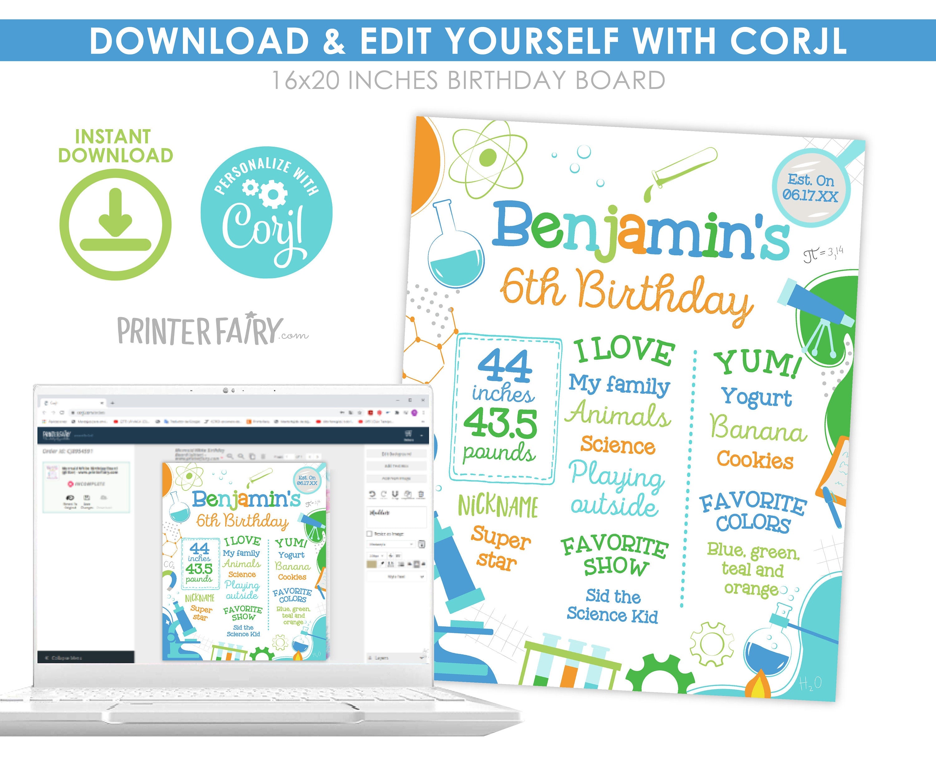 Editable Science Birthday Board, Party Milestones Sign (Digital Download)