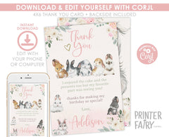 Bunny Thank You Card, Floral Watercolor Design, Editable Template (Digital Download)
