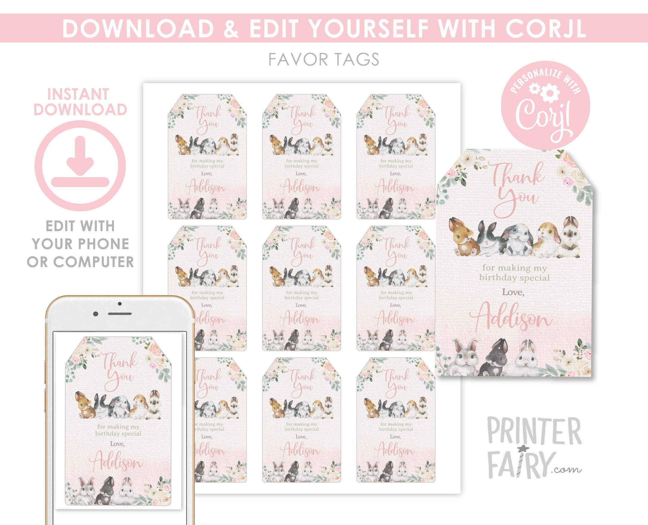 Bunny Party Favor Tag Editable Template, Floral Spring Party (INSTANT DOWNLOAD)