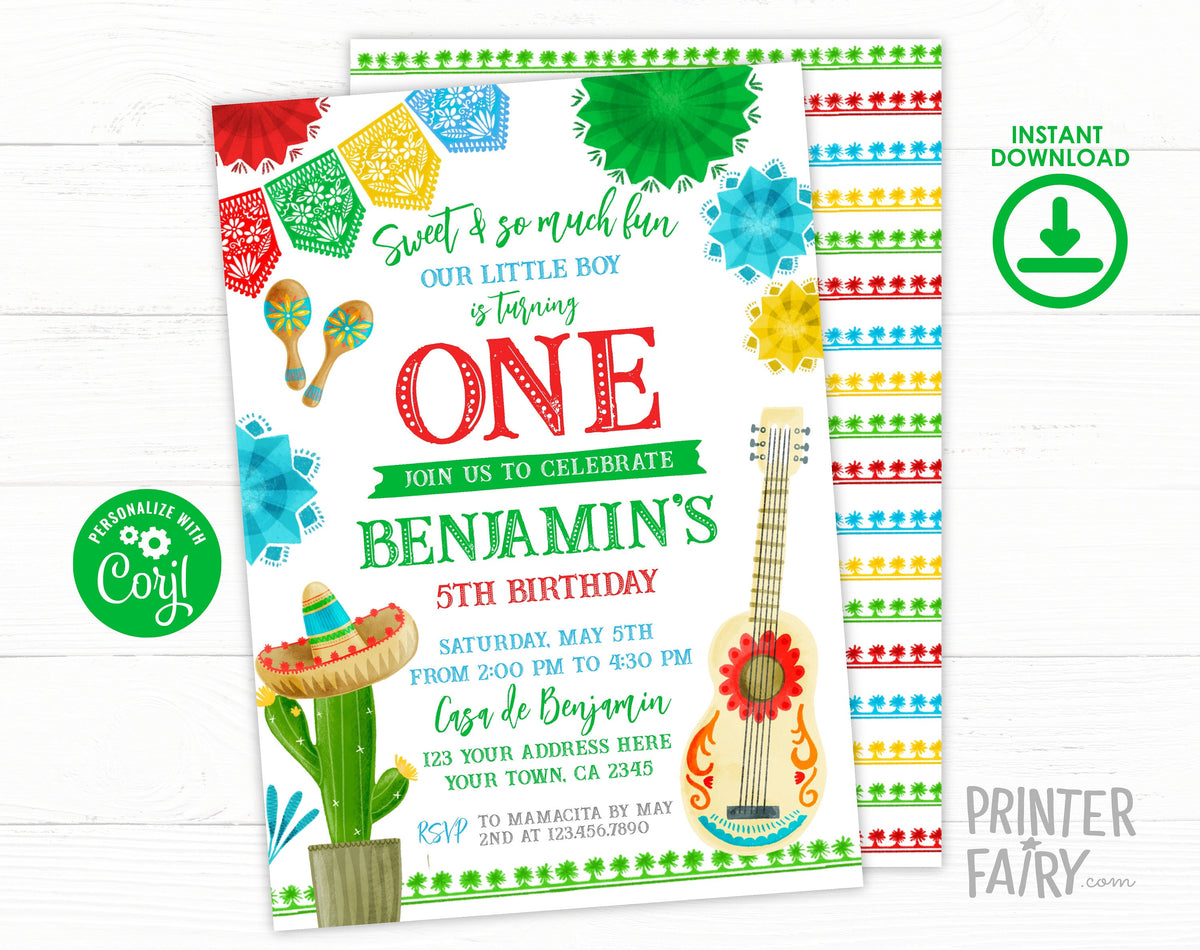 Editable Fiesta First Birthday Invitation, Mexican Theme (Digital Item)