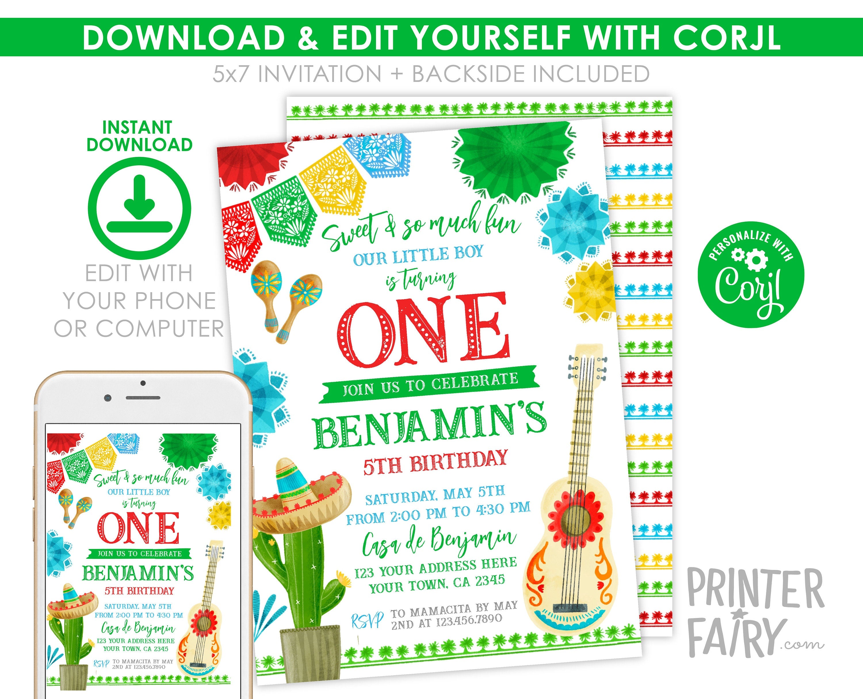 Editable Fiesta First Birthday Invitation, Mexican Theme (Digital Item)