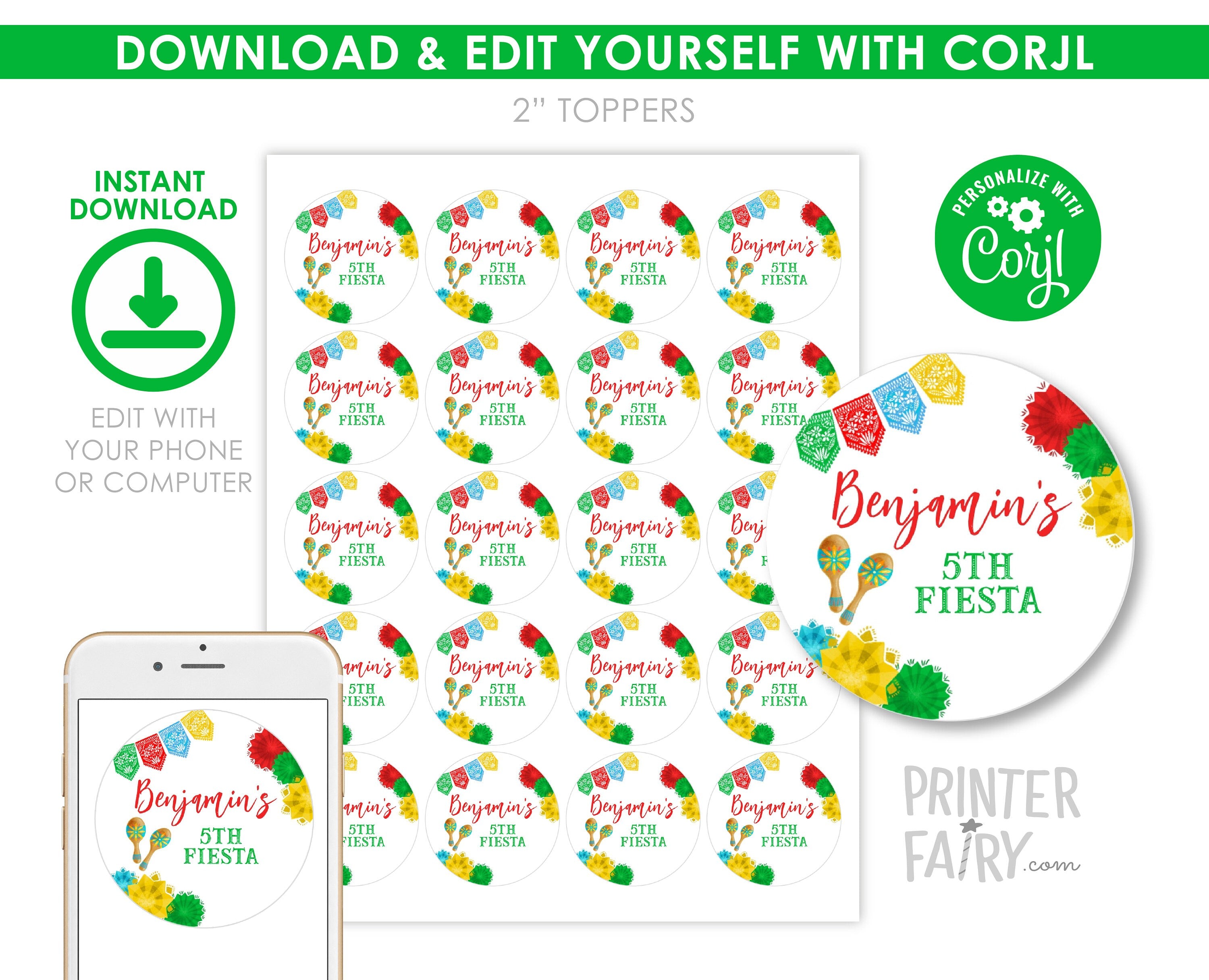 Mexican Fiesta Toppers, Editable TEMPLATE Label Stickers INSTANT DOWNLOAD