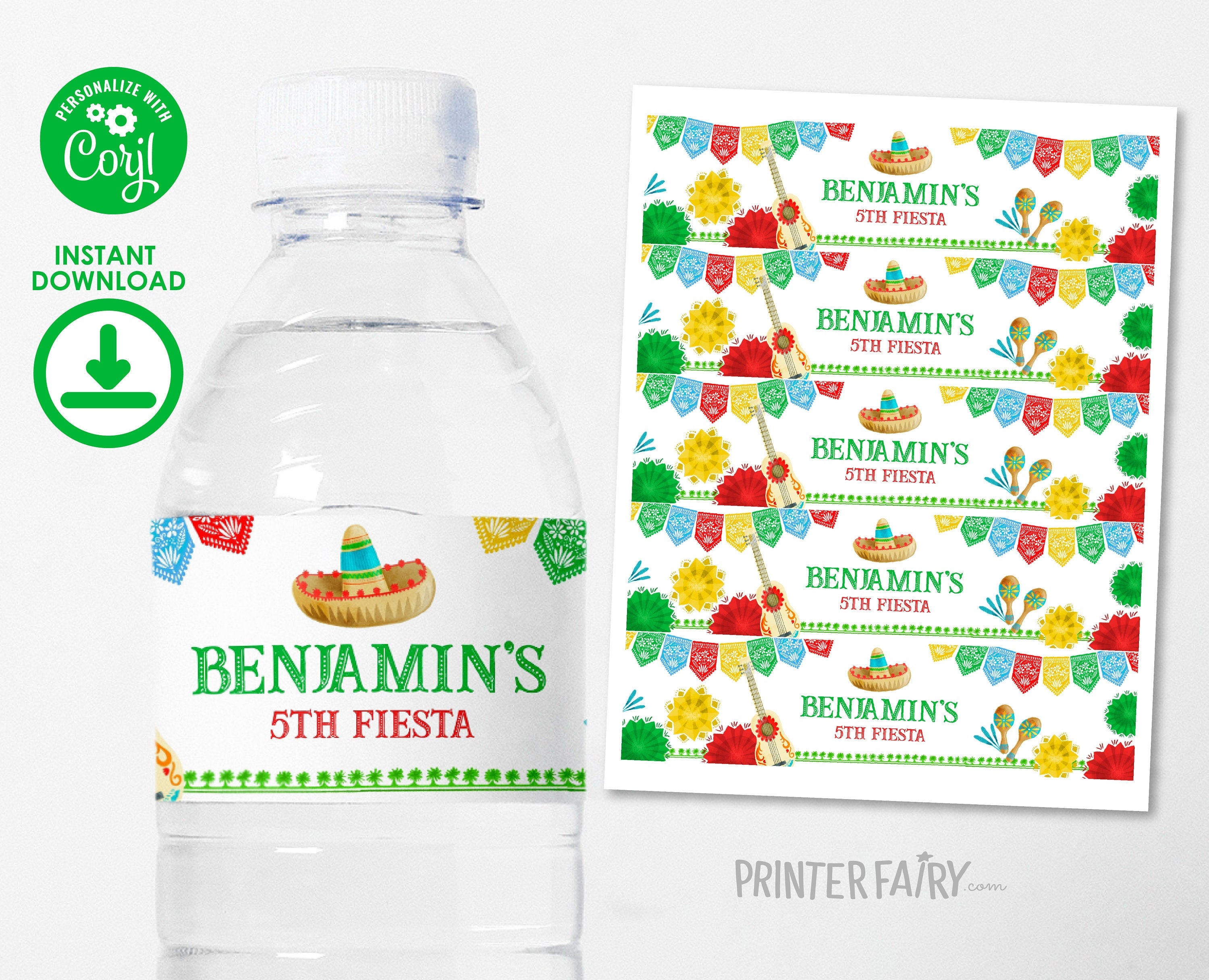Editable Fiesta Birthday Water Bottle Labels, Mexican Party Decorations (Digital Download)