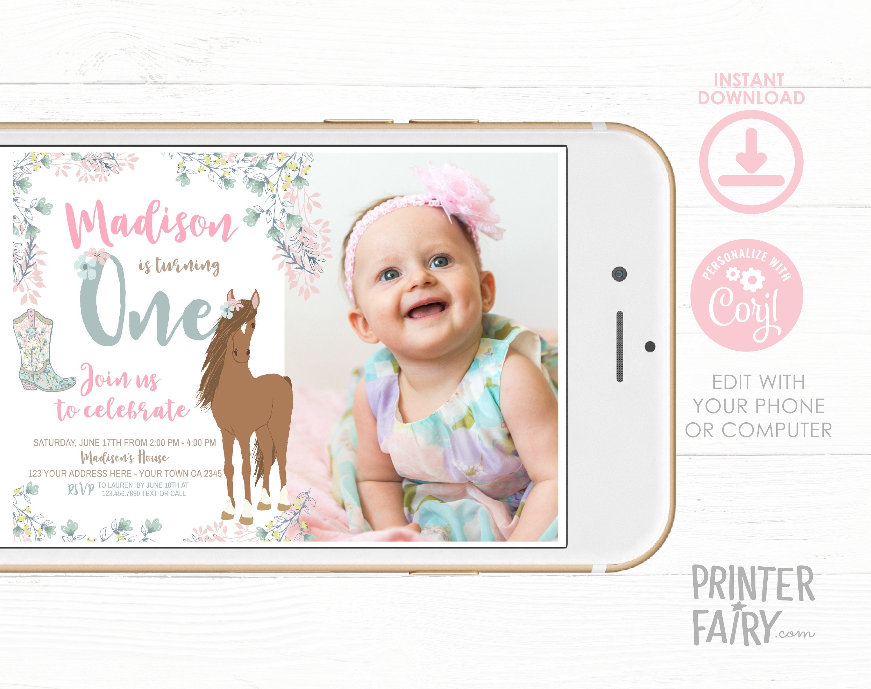 Floral Horse 1st Birthday Invitation with Photo (Digital Download)
